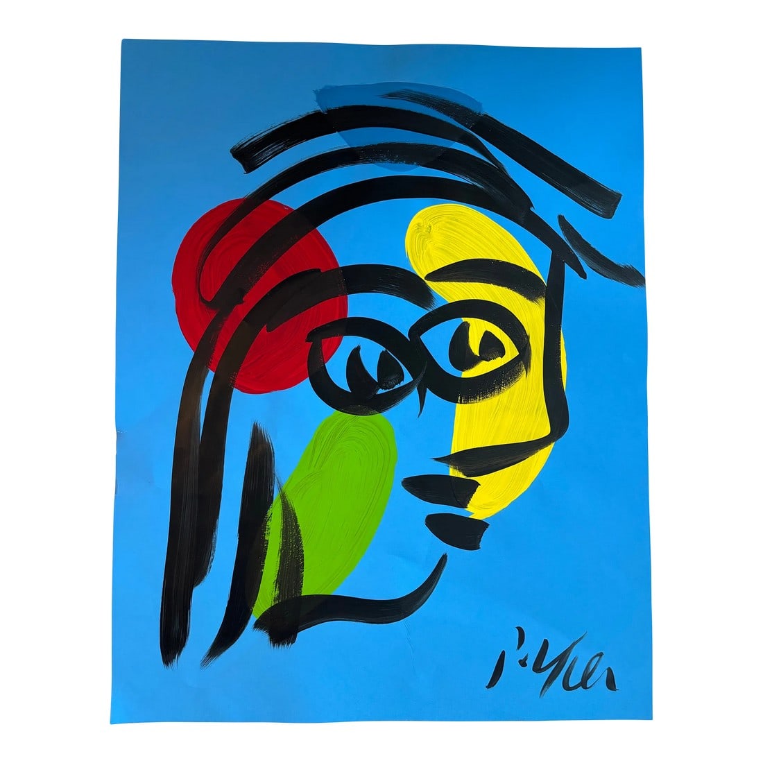 Late 20th Century Original Peter Keil Geometric Abstract Portrait Acrylic Painting on Blue Paper: Abstract Portrait Acrylic Painting on Blue Poster 28"H x 22"W Peter Robert Keil, a German artist born in 1942, has led a life immersed in creativity and expression. Known for his vibrant and