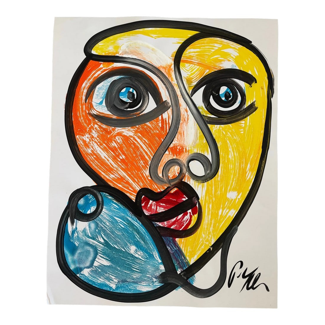 Peter Keil Abstract Portrait Acrylic Painting on Paper: 28"H x 22"W Peter Robert Keil, a German artist born in 1942, has led a life immersed in creativity and expression. Known for his vibrant and emotive abstract paintings, Keil's journey as an artist beg