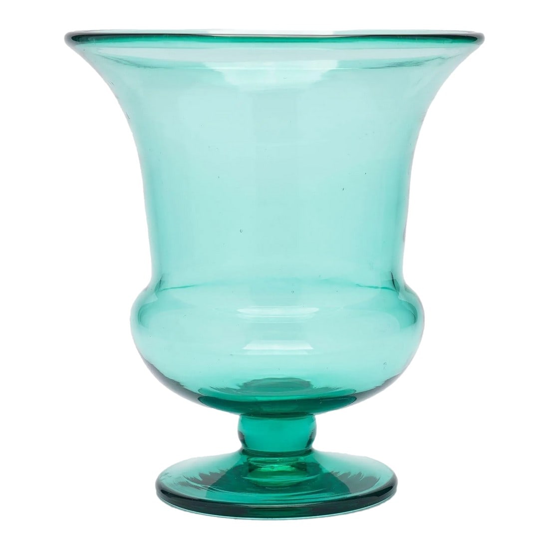 Blenko Green Blown Glass Calyx Urn Form Vase, C. 1950: Blown green calyx krater urn form vase by the Blenko Glass Co. This is an early Blenko piece, style number 428L. The base has a rough pontil. Unsigned. West Virginia, circa 1950. Condition:
