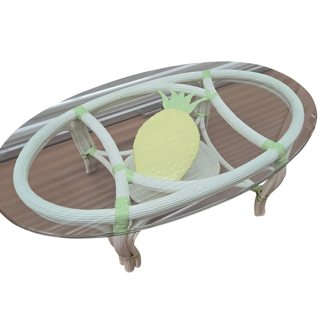 1960s Hollywood Regency Old Florida Coffee Table: Sunshine on my table! Add the hospitality pineapple to you sunroom, gameroom, livingroom. This old Florida reeded wicker pineapple coffee table will add whimsy and style. Completely restored in