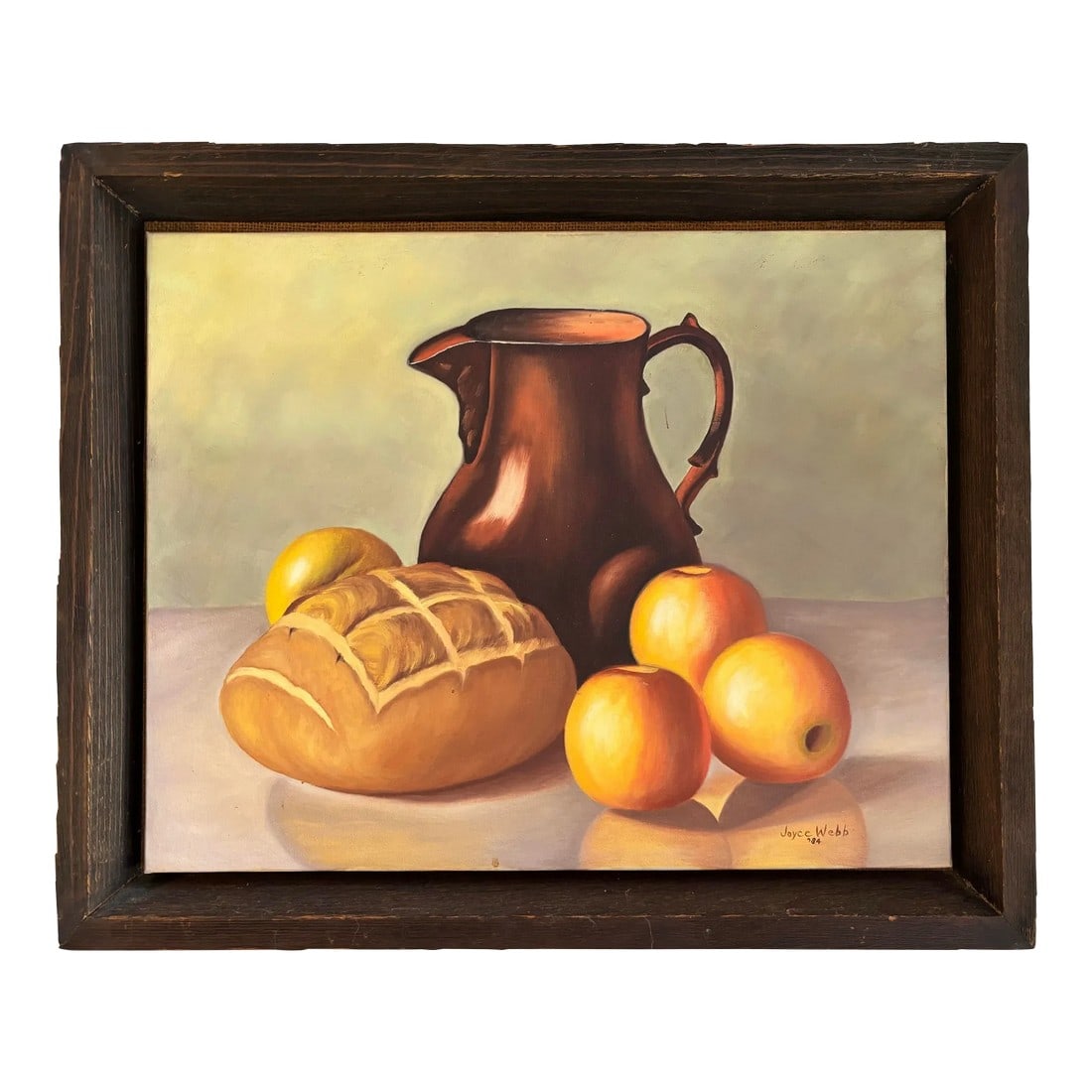 1984 Still Life Painting of Oranges, Bread, and Pitcher: Beautifully captured still life for the midcentury modern home or country home. Signed Joyce Webb "˜84 in the lower right. Condition: Alterations: Original Condition Unaltered Imperfections: Some
