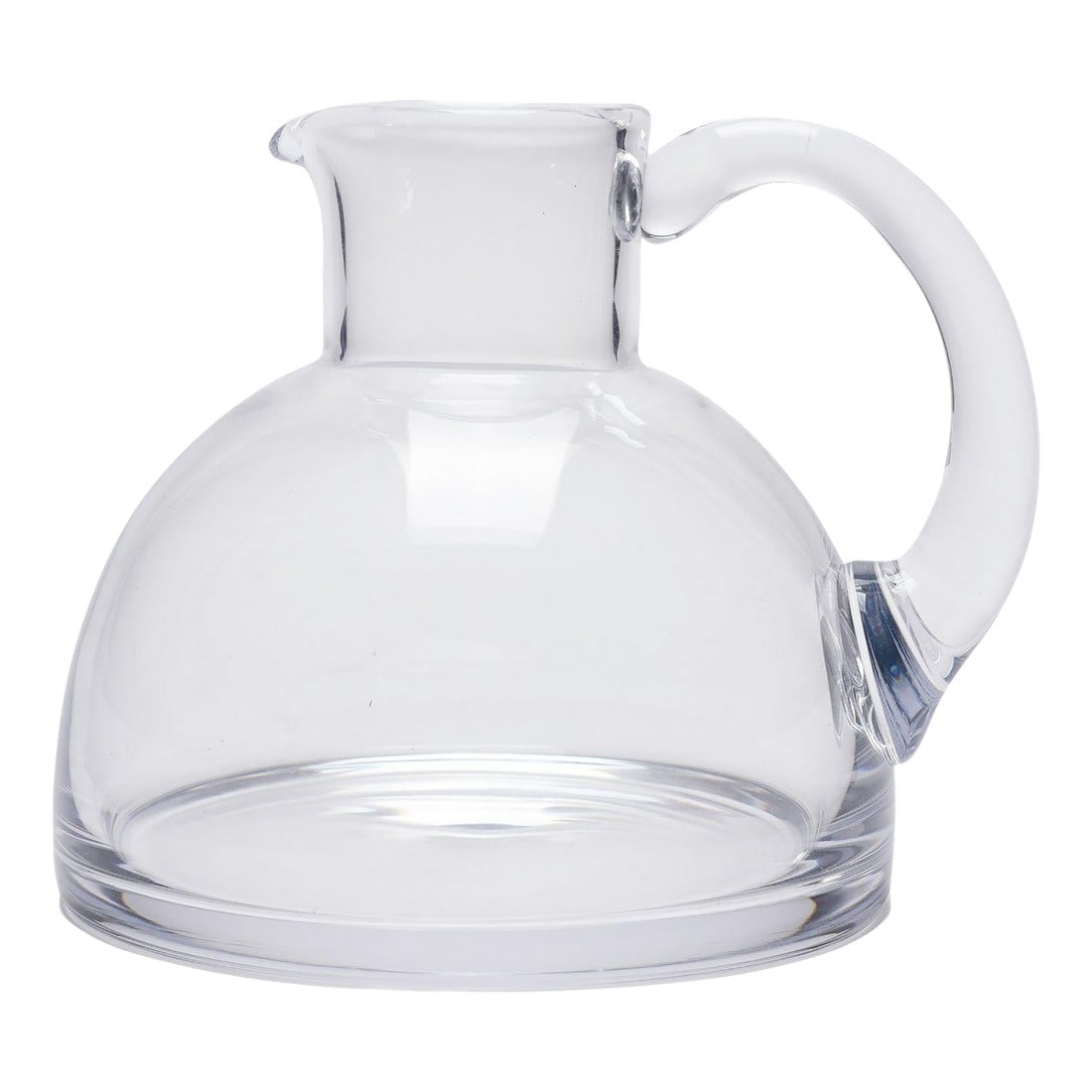 Hemispheric Crystal Pitcher With Applied Handle by Sèvres, C. 1970: Vintage hemispheric crystal pitcher with barrel form standing neck with spout and applied loop handle. Marked on the underside: Sèvres Cristal France France, circa 1970. Dimensions: 6" W x