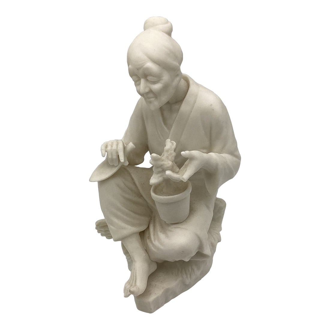 1950s China Ardalt Porcelain Asian Woman Lenwile Japanese Parisn Style Figurine: Vintage Lenwile China Ardalt Bisque porcelain figurine depicting an elderly Asian woman holding a pitted plant. This figurine has a delicate, detailed carving style, typical of Ardalt figurines