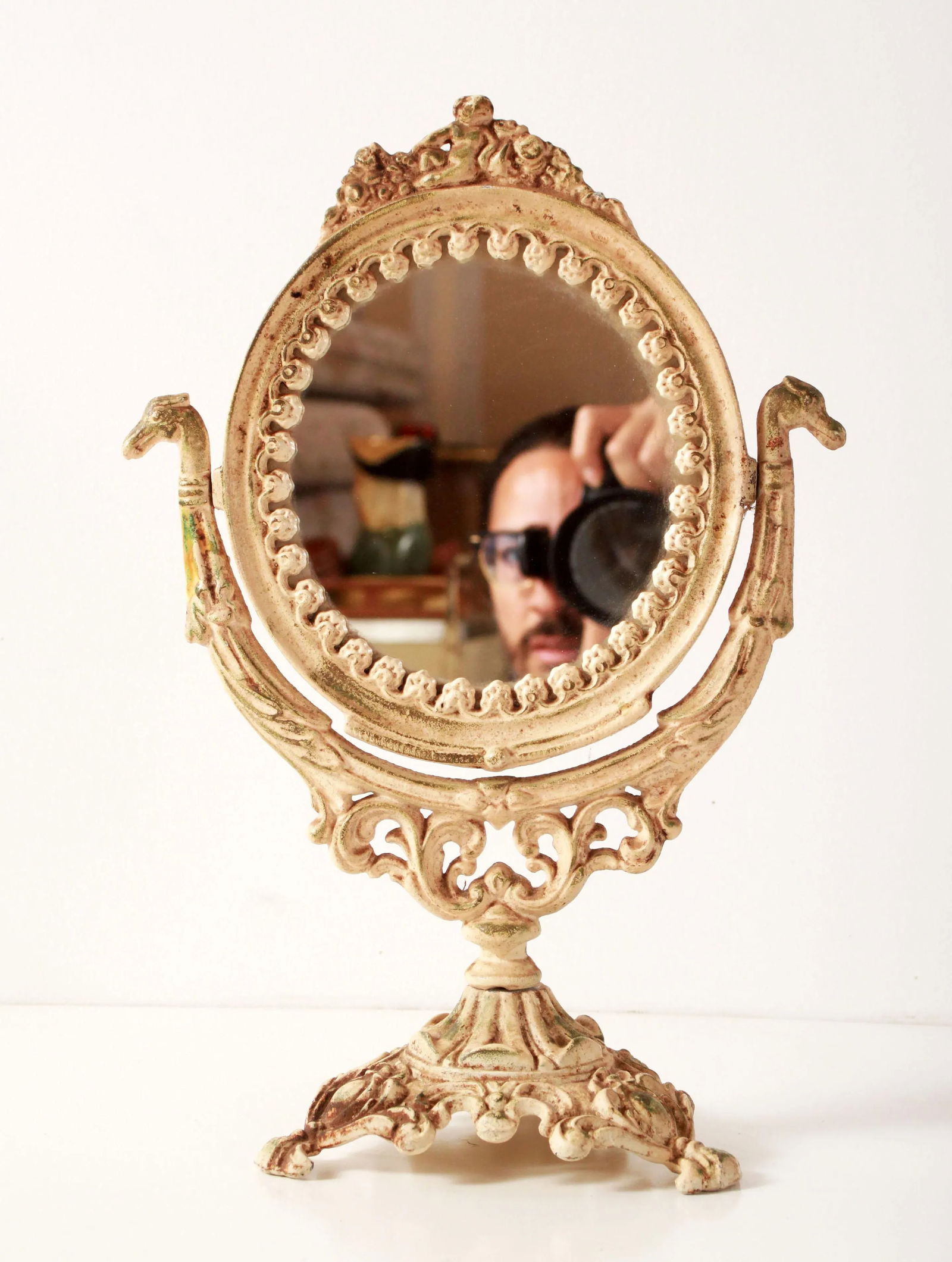 Antique White Iron Swivel Vanity / Dresser Mirror - 10