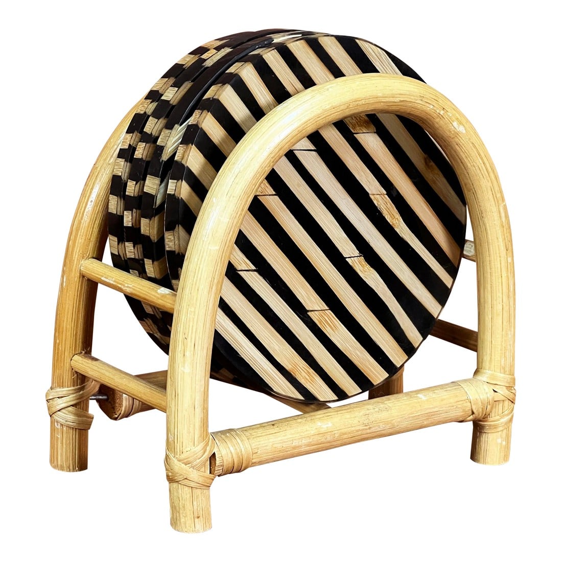 Vintage Split Bamboo Coasters W/ Arched Holder - Set of 4: Awesome set of 4 vintage c.1970's/80's bamboo & acrylic coasters, inside of a wonderful little arched bamboo holder! Great pieces, measuring 4" in diameter each. They are in very good vintage