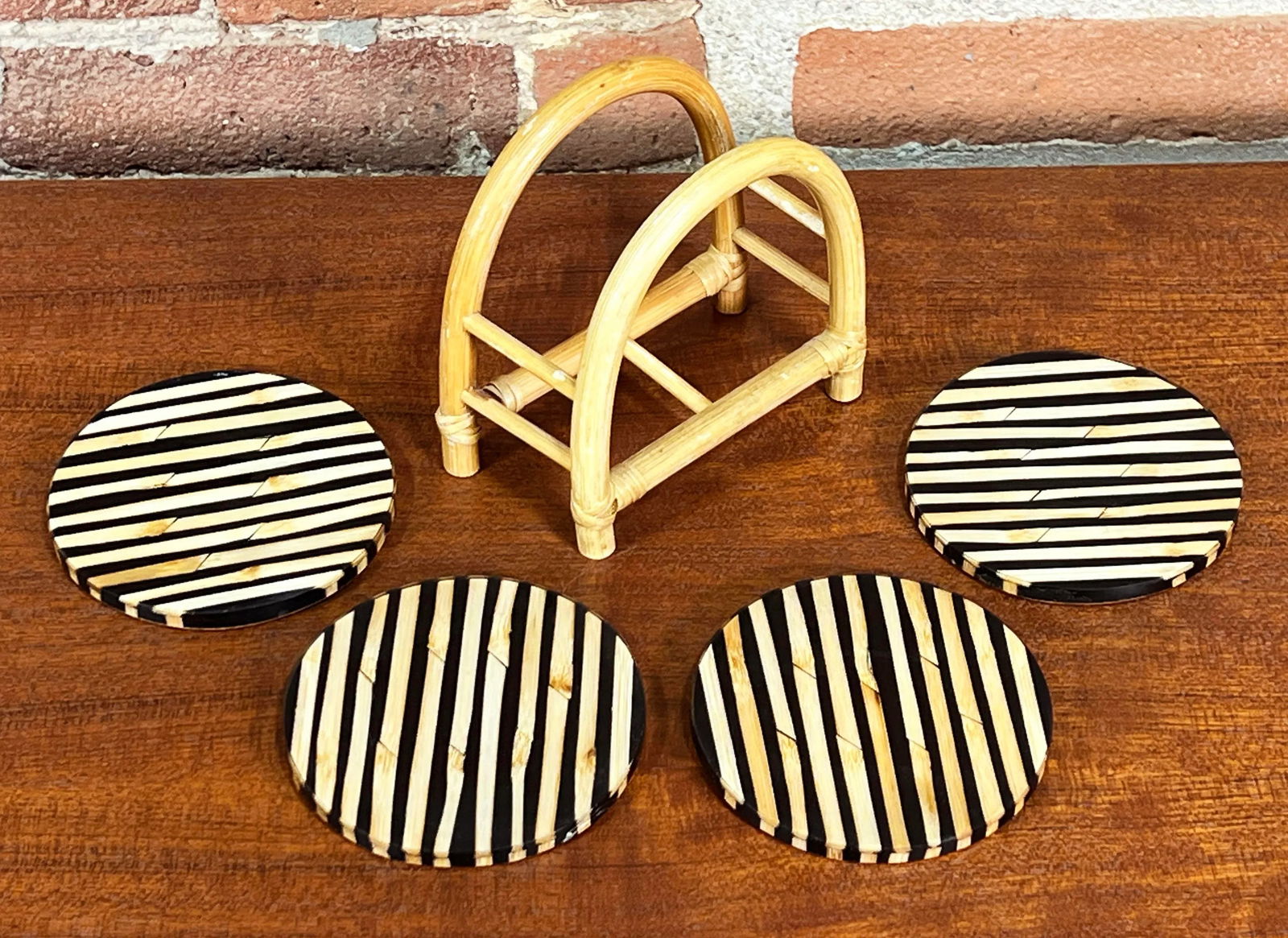 Vintage Split Bamboo Coasters W/ Arched Holder - Set of 4 - 2