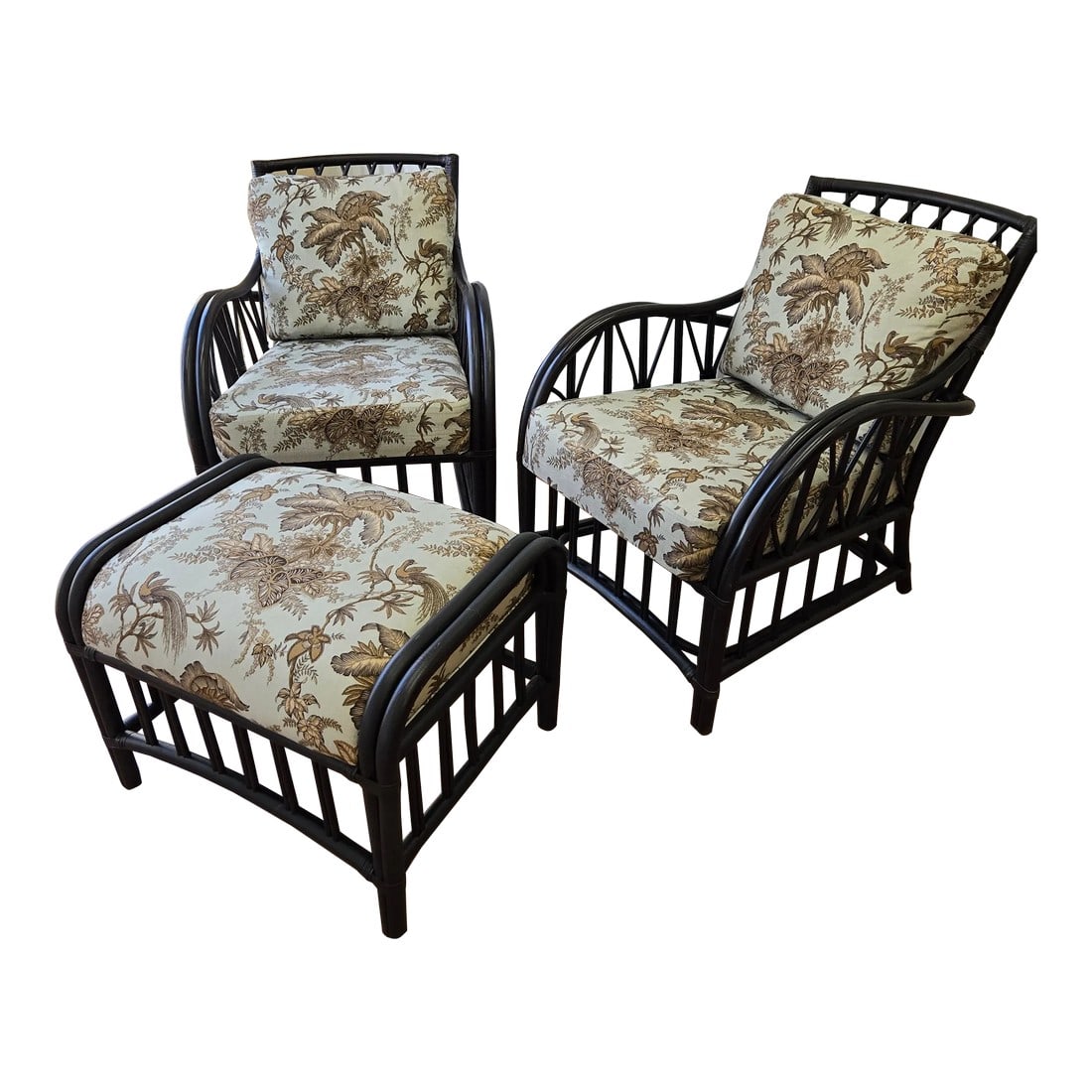 Palecek British Colony Tropical Set, 2 Chairs & 1 Ottoman: Love the warmth of the dark brown bamboo and the richness they create. The fabric is a cotton linen with a upscale pattern. The tropical British Colony palm pattern screams high end. This is one of