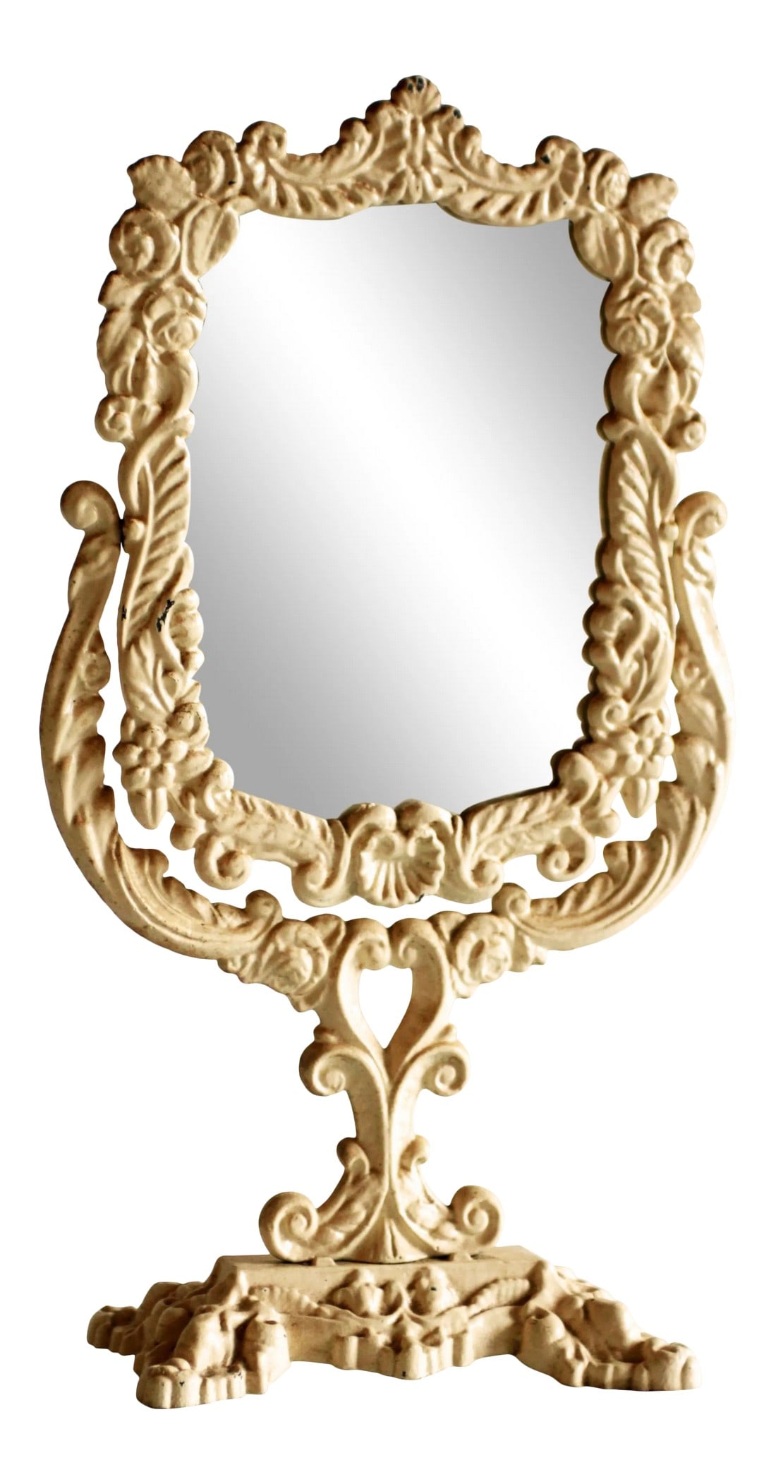 Vintage Cast Iron Victorian Vanity / Dresser Make Up Mirror: Beautiful vintage cast iron Victorian vanity mirror! Wonderful shell and floral motif, with an adjustable angle to the mirror, giving it a good range of flexibility around the home. Measures 15