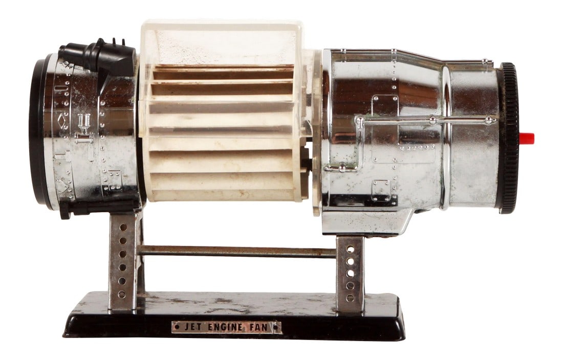 Vintage Mid Century Modern Model Jet Engine Desk Fan: This is a SUPER AWESOME vintage c.1960's desk fan in the form of a model jet engine! Has an adjustable clear shield that directs the flow of air, an easy on/off switch on the side (the red button) and