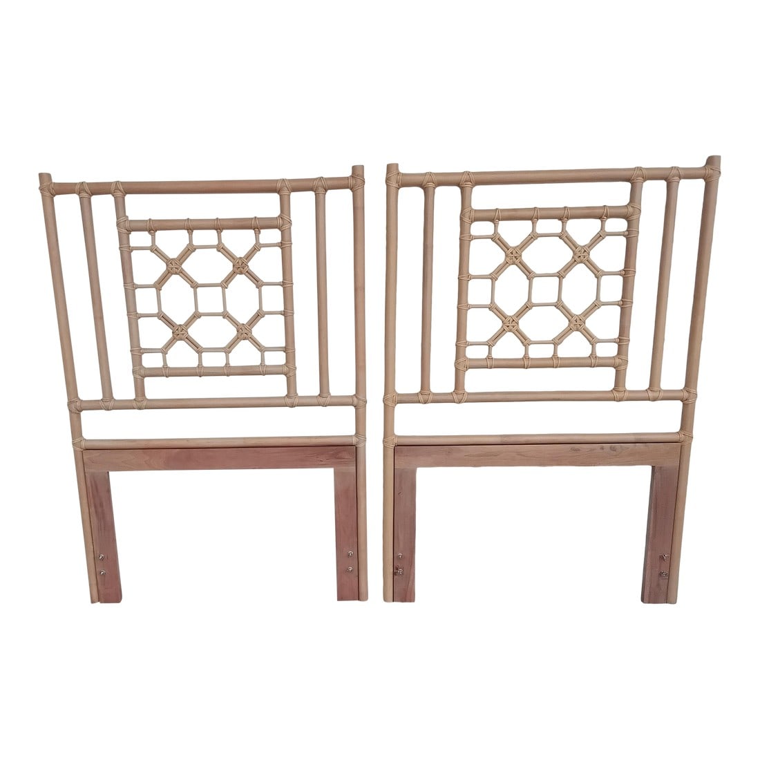 1980s Pair Rattan Chippendale Twin Headboards: So ready for a beach or lake house. The light beige rattan will compliment any color you're using. These are light and airy, which will keep your room feeling large. Love the height of these,