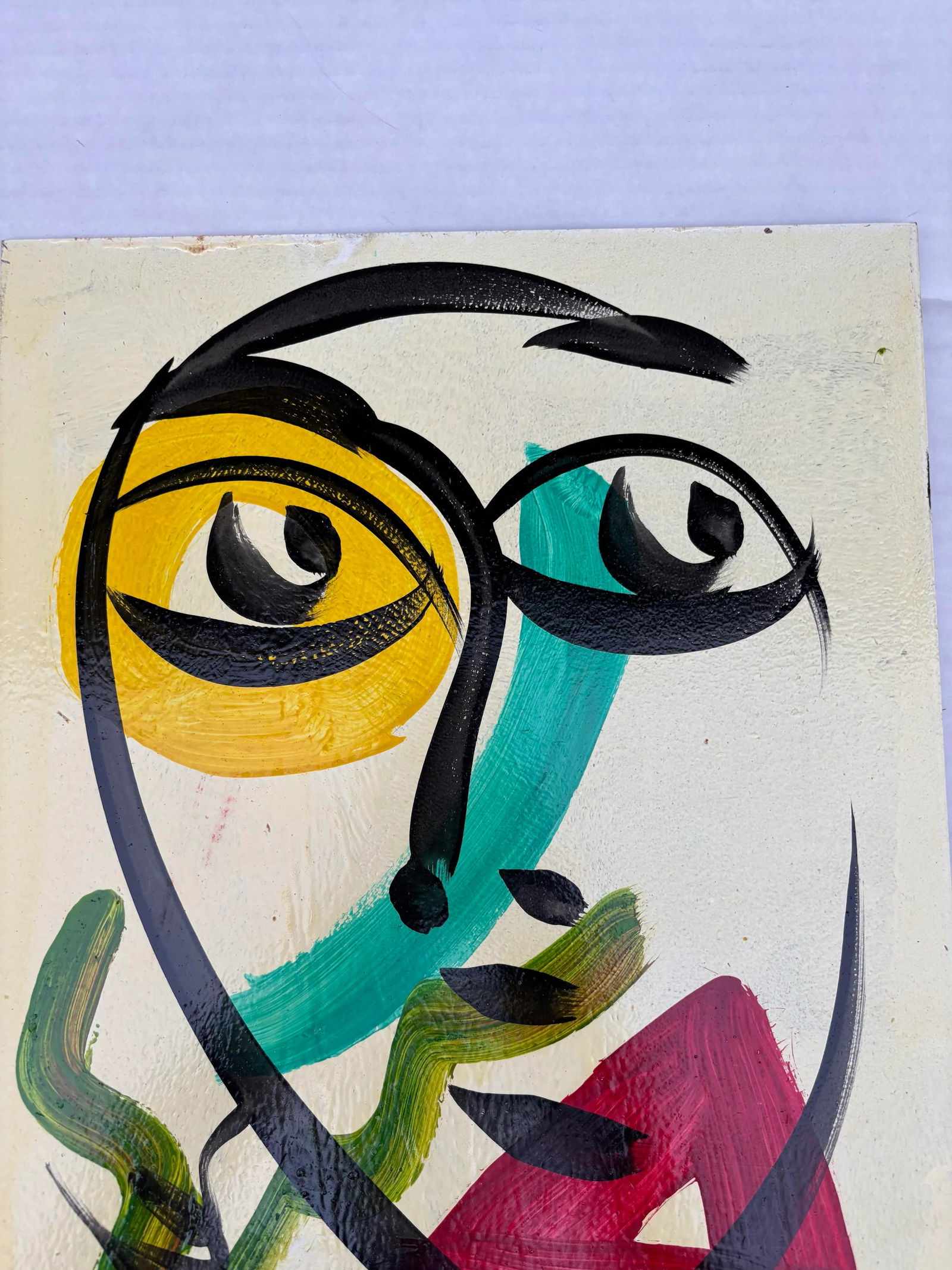 Abstract Geometric Portrait Painting on Board, Peter Keil - 2