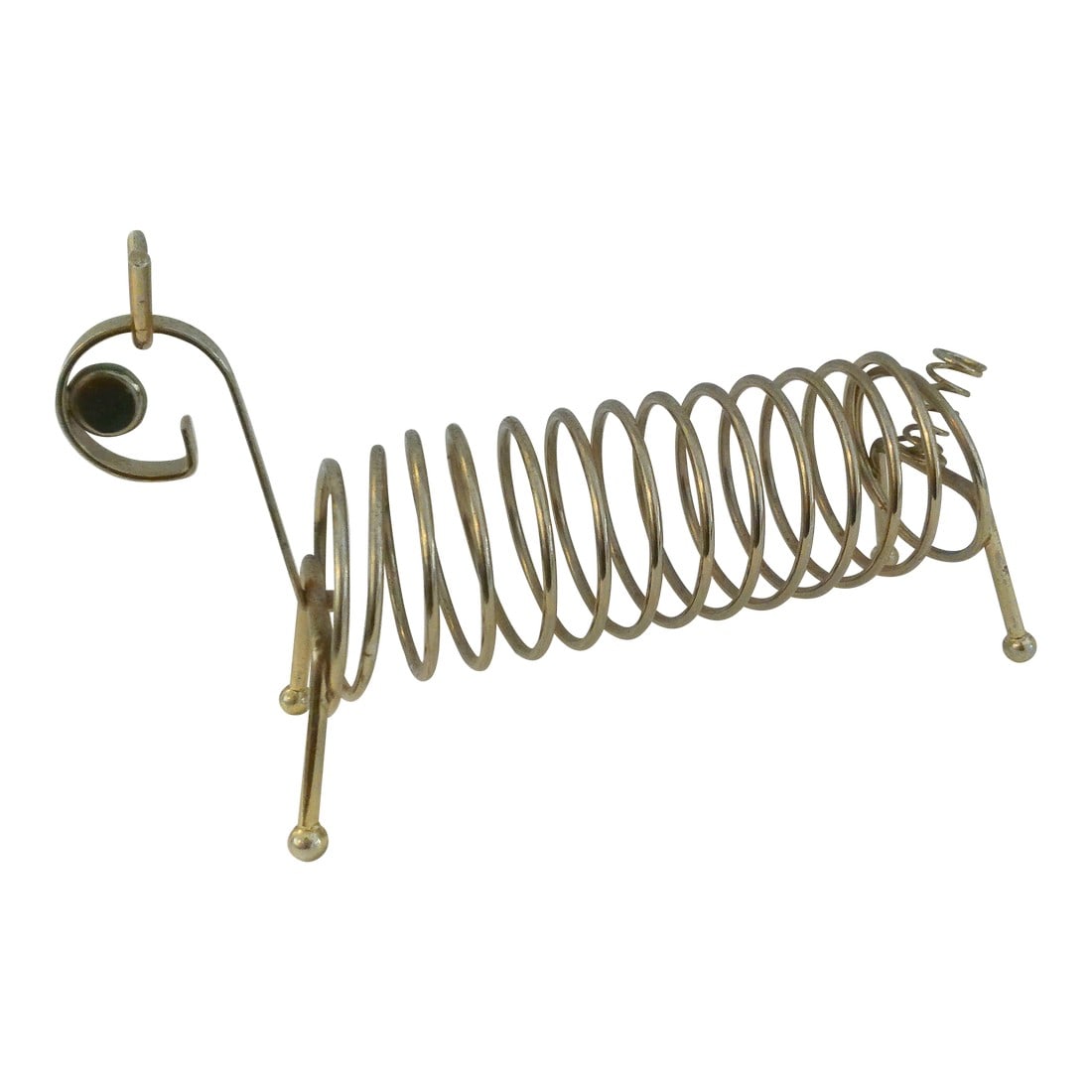 Mid-Century Coiled Animal Letter Holder: Whimsical mid-century light gold-tone metal coiled letter holder in the shape of an animal. Coiled tail can hold one pen. Interesting addition to workspace. Condition: Alterations: Original