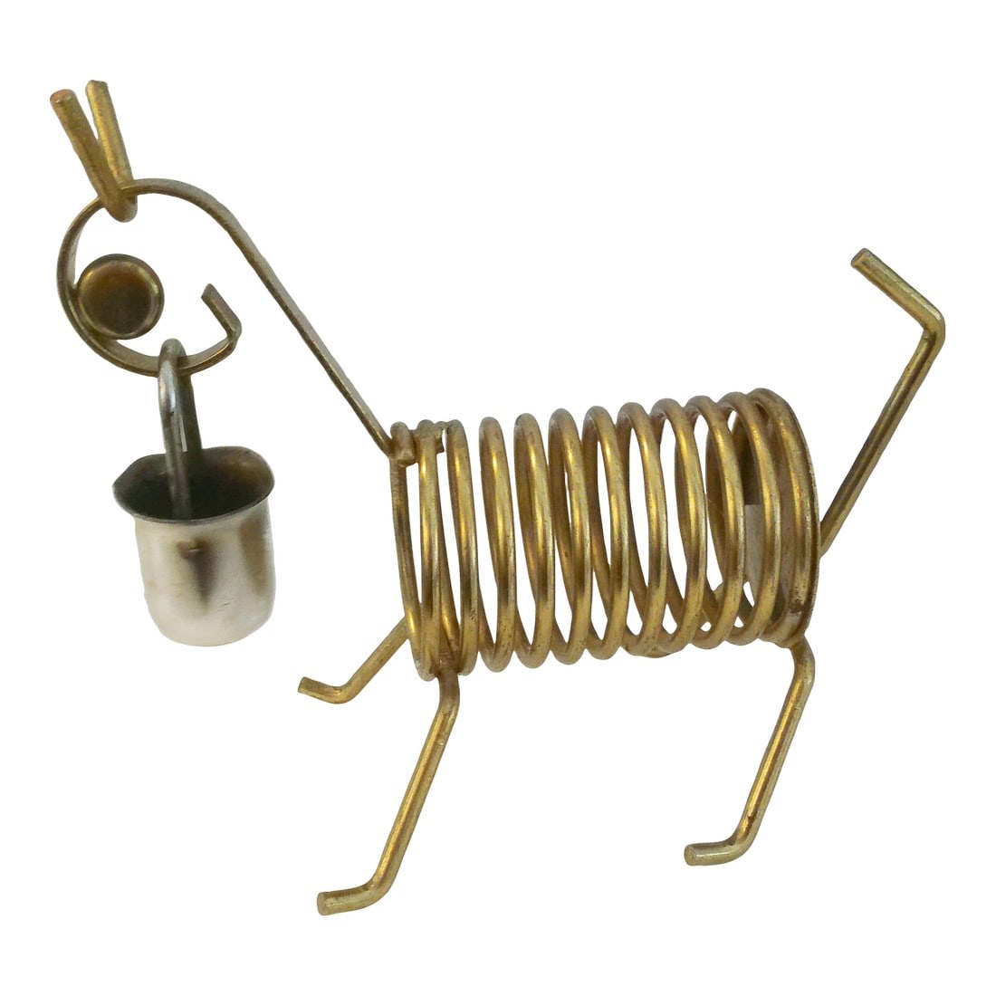 Mid-Century Coiled Animal Letter Holder: Whimsical mid-century gold-tone metal coiled animal letter holder. Removable silver-toned metal basket hangs from the animal's face and can be used to hold pens or paperclips. Interesting addition to