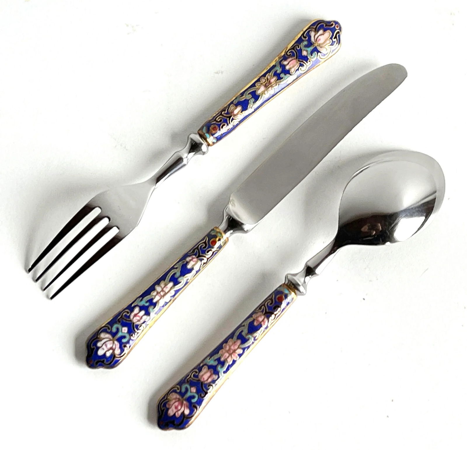 Vintage Cloisonné Flatware Pieces W/ Blue Floral Handles - Set of 3 - 3