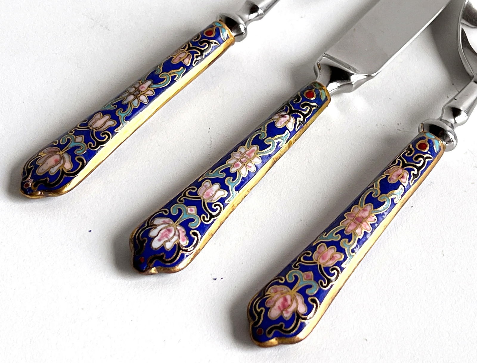 Vintage Cloisonné Flatware Pieces W/ Blue Floral Handles - Set of 3 - 5
