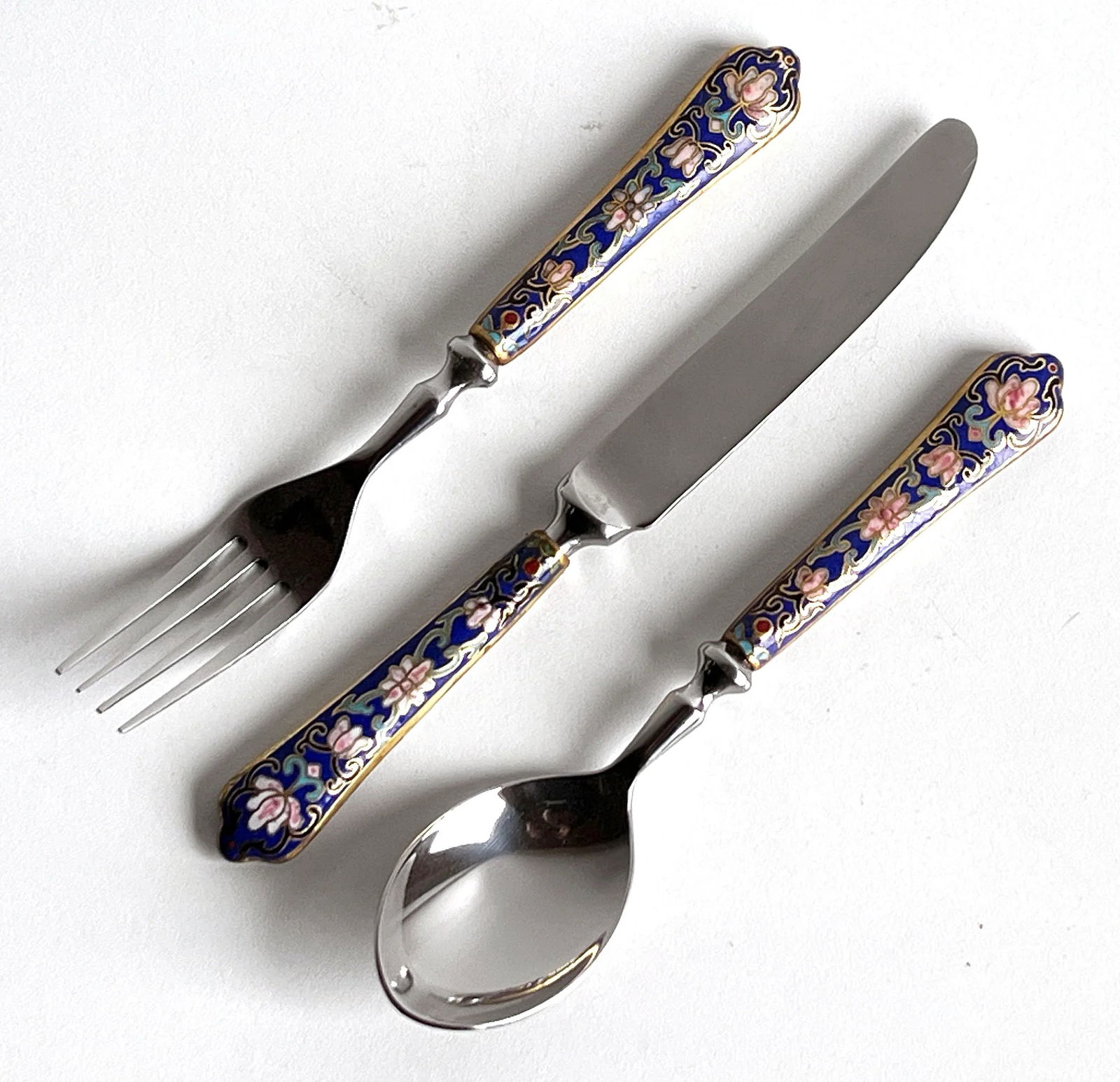 Vintage Cloisonné Flatware Pieces W/ Blue Floral Handles - Set of 3 - 6