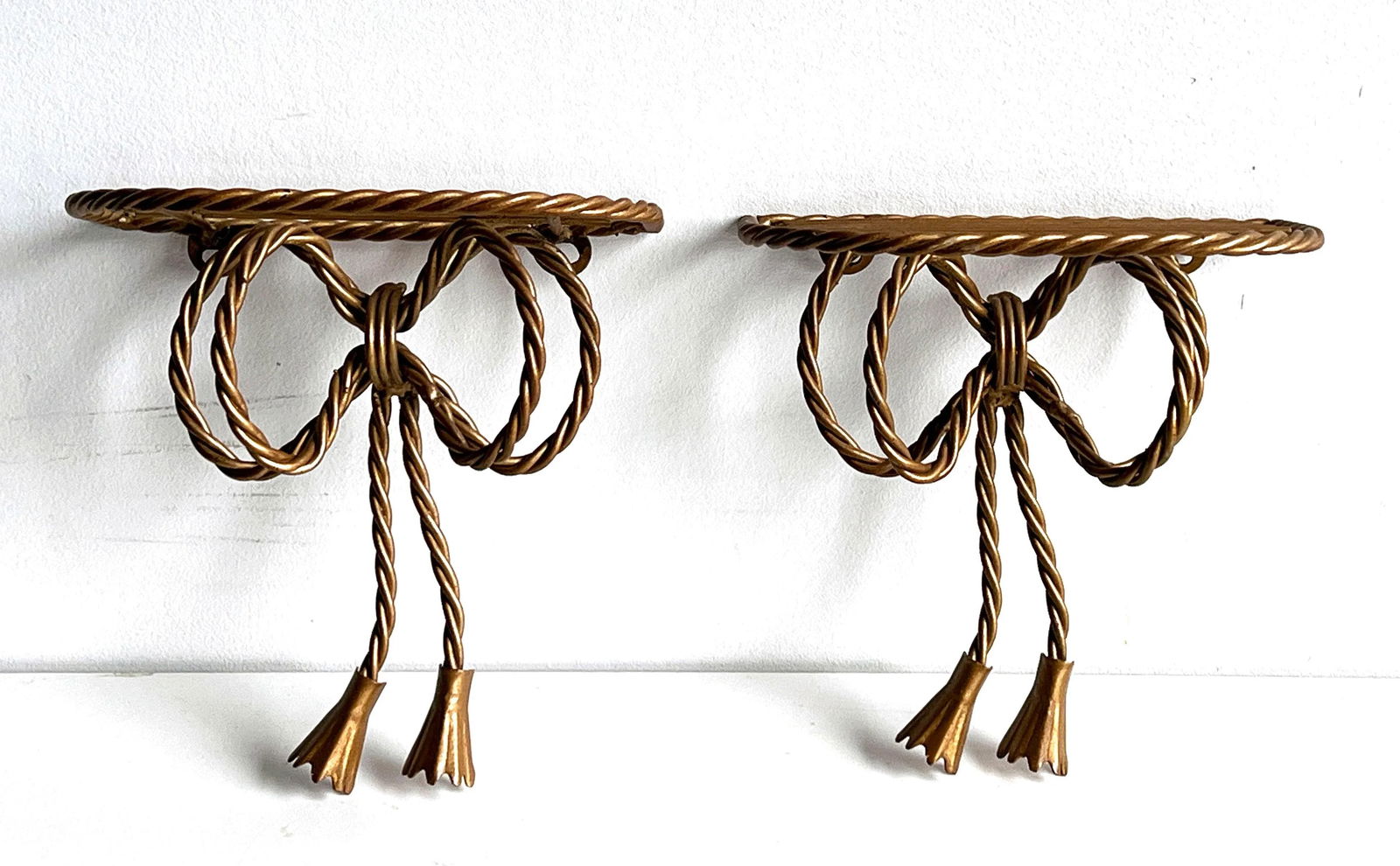 Pair of Vintage Italian Gold Rope Ribbon and Tassel Wall Shelves - 7