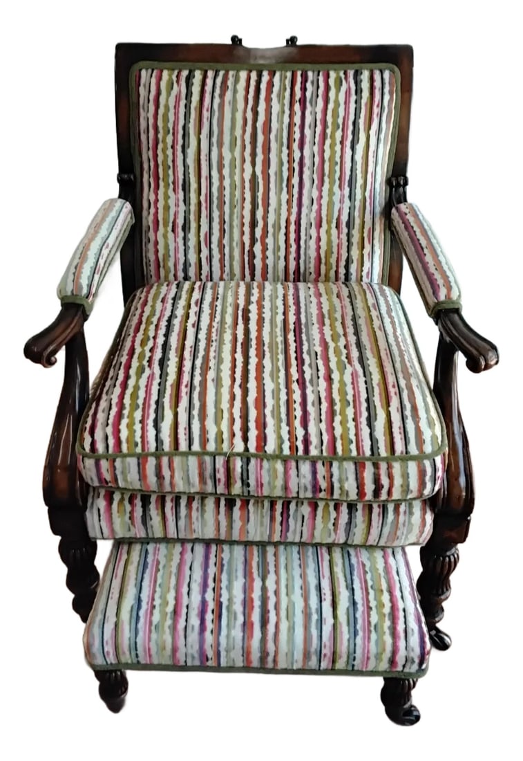 1980s Traditional Hickory White Chair and Ottoman: Fabulous bones with this Hickory White chair and ottoman. I had it professionally reupholstered with new fabric. The fabric is a multi colored stripe velvet. It a very heavy durable fabric. The