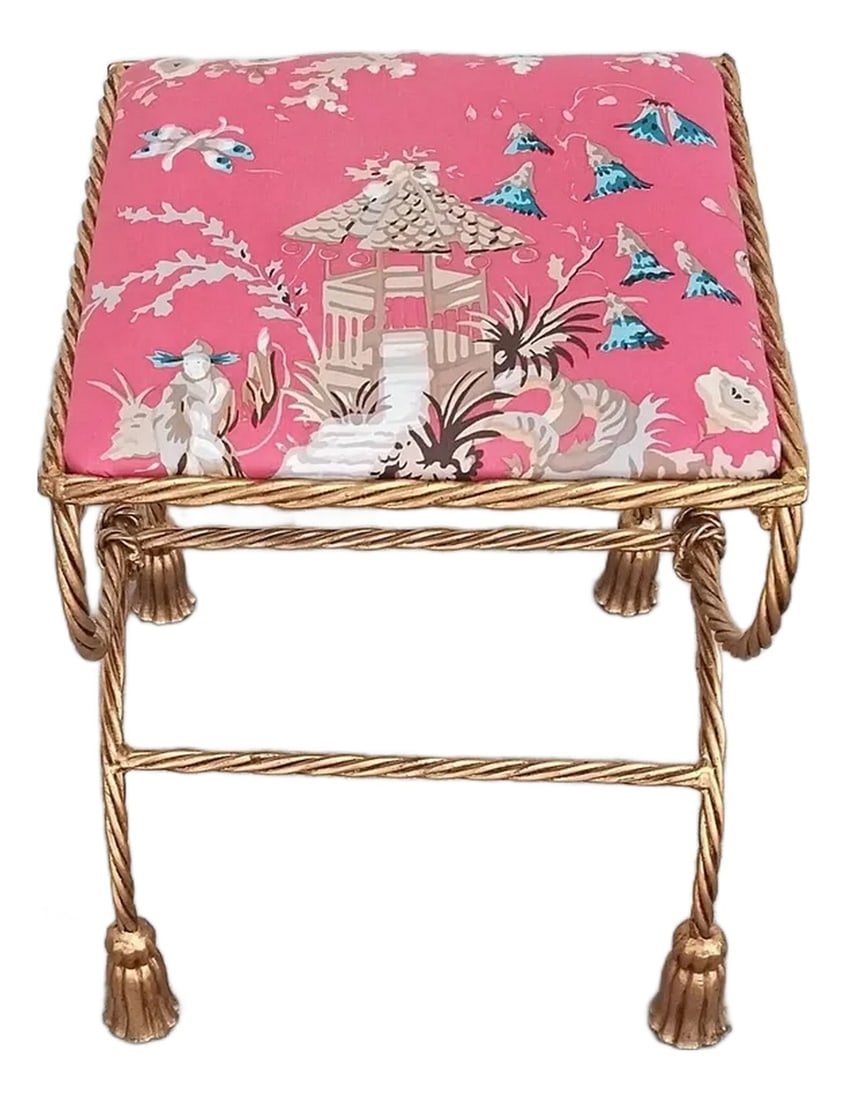 1970s Italian Iron Gilded Bench: Love the gold rope and tassel frame. Fabric is new and professionally upholstered. Great size and height to use as a vanity bench. Since it's iron with gold gilting it's very sturdy. Condition: