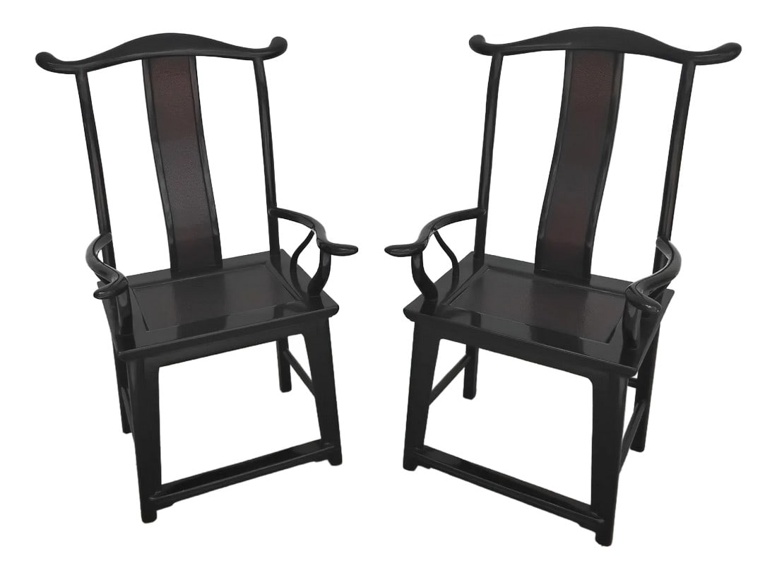 1980s Chinese Yoke Back Lacquer Chairs - Set of 2: Chinoiserie at its finest! Perfect for the ends of dining table or flanked on each side of China cabinet. They are black lacquered all over, except for the back yolk and seat, which is brownish black