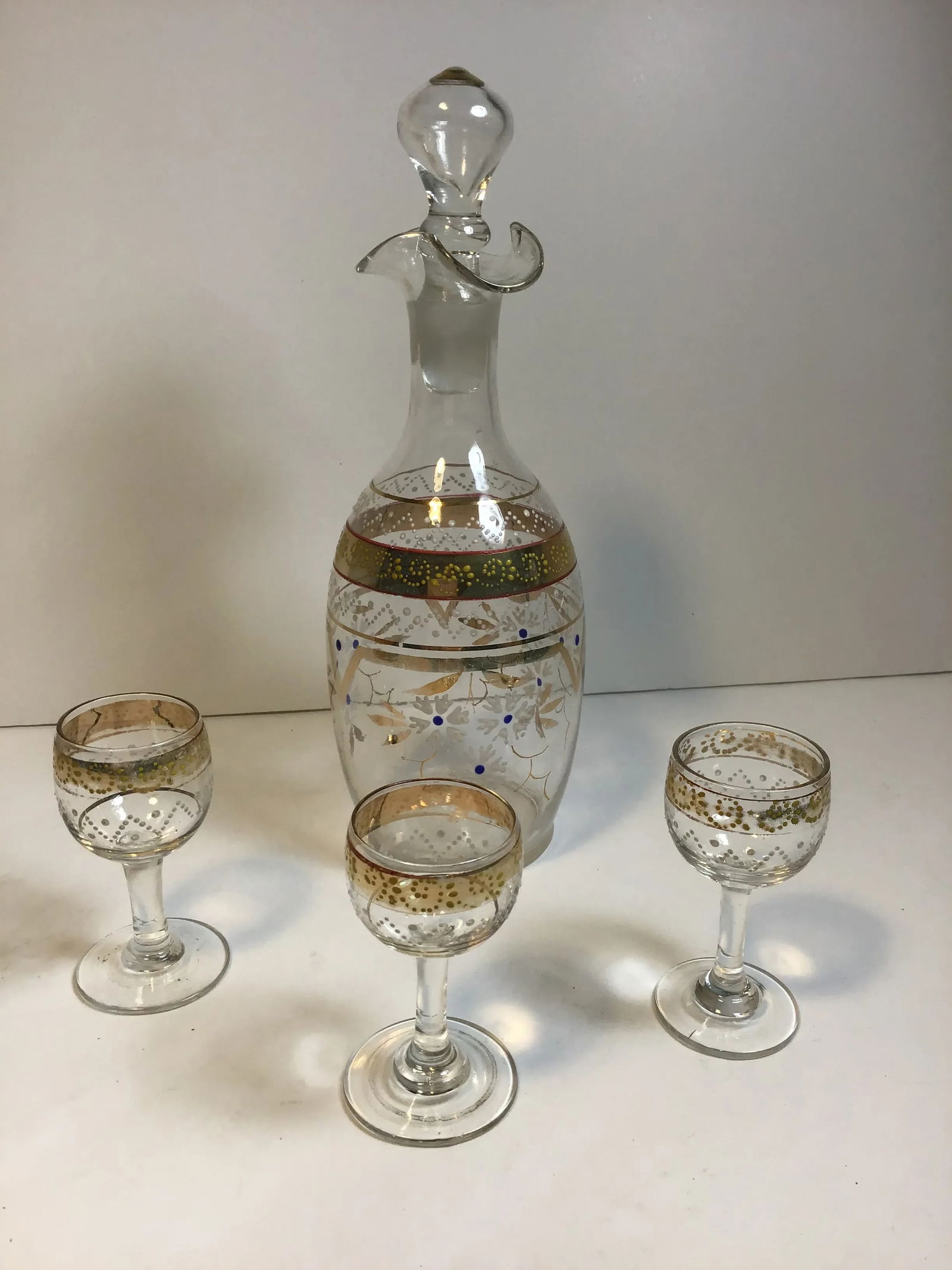 Glass Carafe With Glasses Enamel Hand Blown Hand Vintage Enamelware Painted Glass Decanter Cordial G - 11