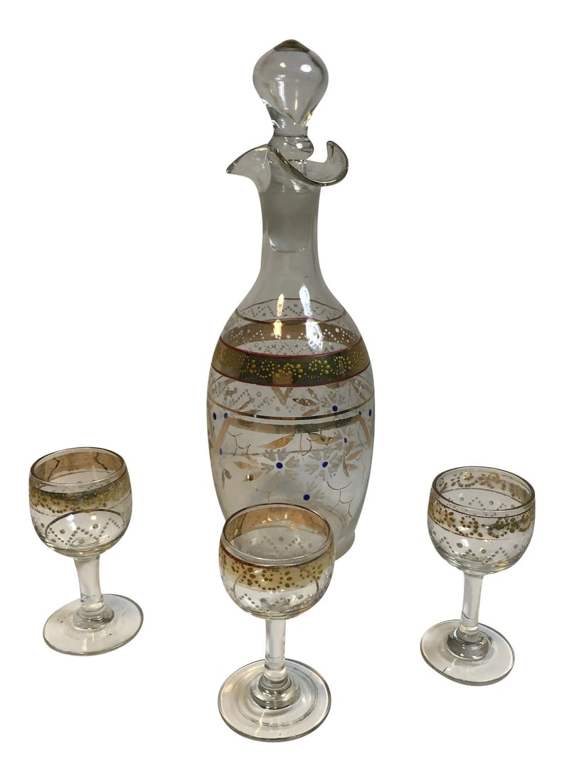 Glass Carafe With Glasses Enamel Hand Blown Hand Vintage Enamelware Painted Glass Decanter Cordial G (1 of 11)