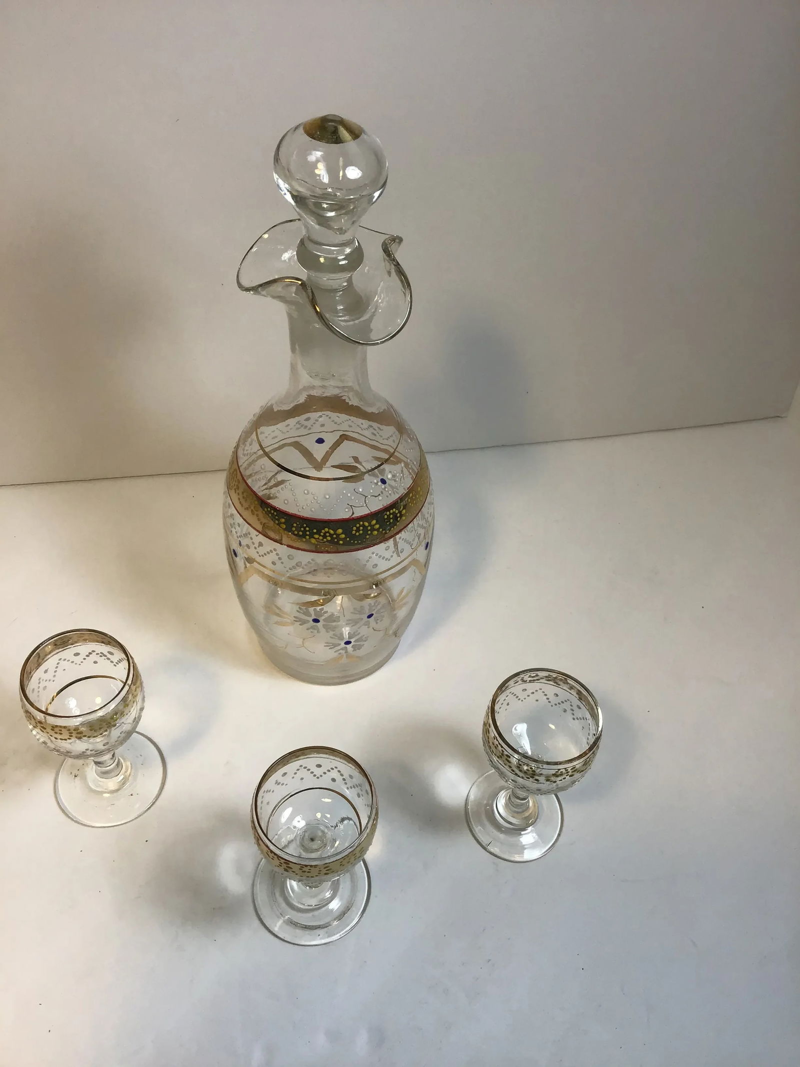 Glass Carafe With Glasses Enamel Hand Blown Hand Vintage Enamelware Painted Glass Decanter Cordial G - 2