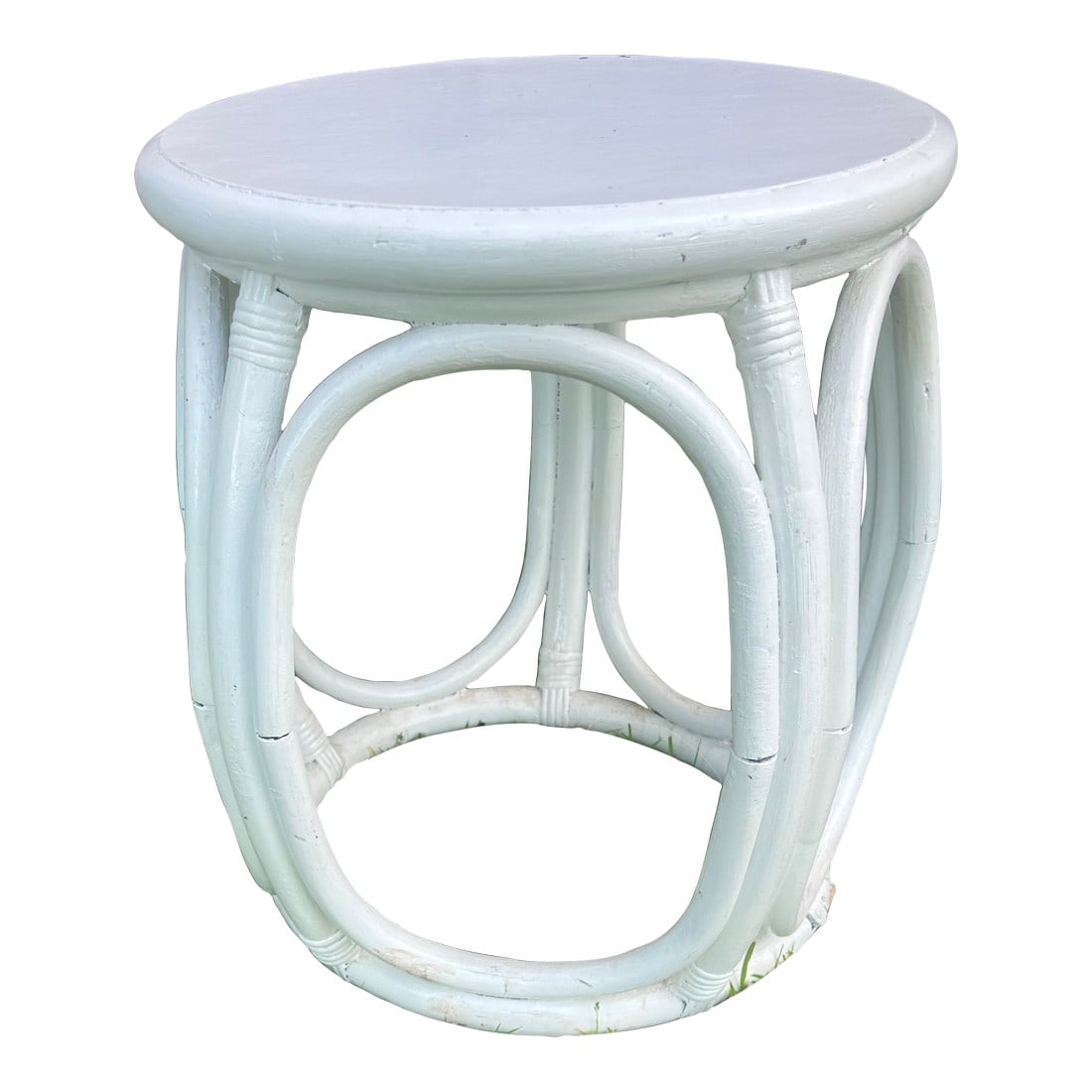 Coastal Chic Rattan Side Table/Stool: The white, 1970's rattan sidetable with a stable top is versatile - use as a stool, plant holder or outside with the to hold your ice tea while you're in the hammock.... Condition: Alterations: