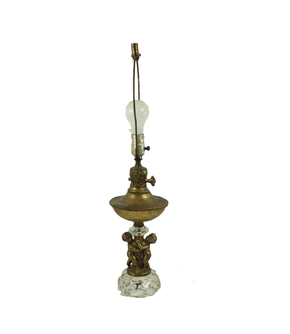 Vintage Hollywood Regency Vintage Brass Cherub Crystal Table Lamp - 10
