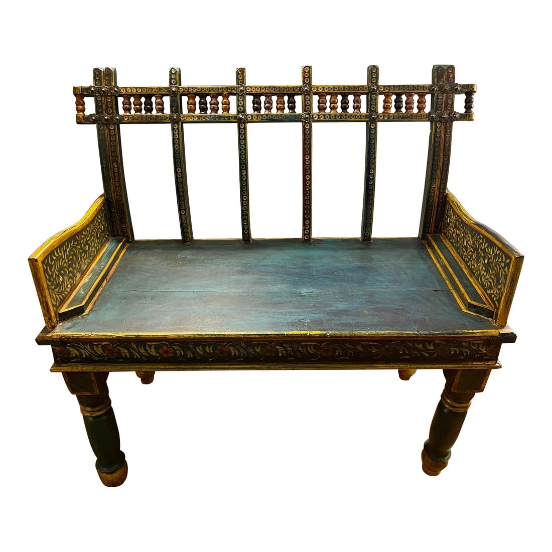 1950s Teal Vintage Indian Bench: Gorgeous and fun carved and painted loveseat, bench, vintage from India Condition: Alterations: Original Condition Unaltered Imperfections: Some Imperfections Condition Notes: Good condition,