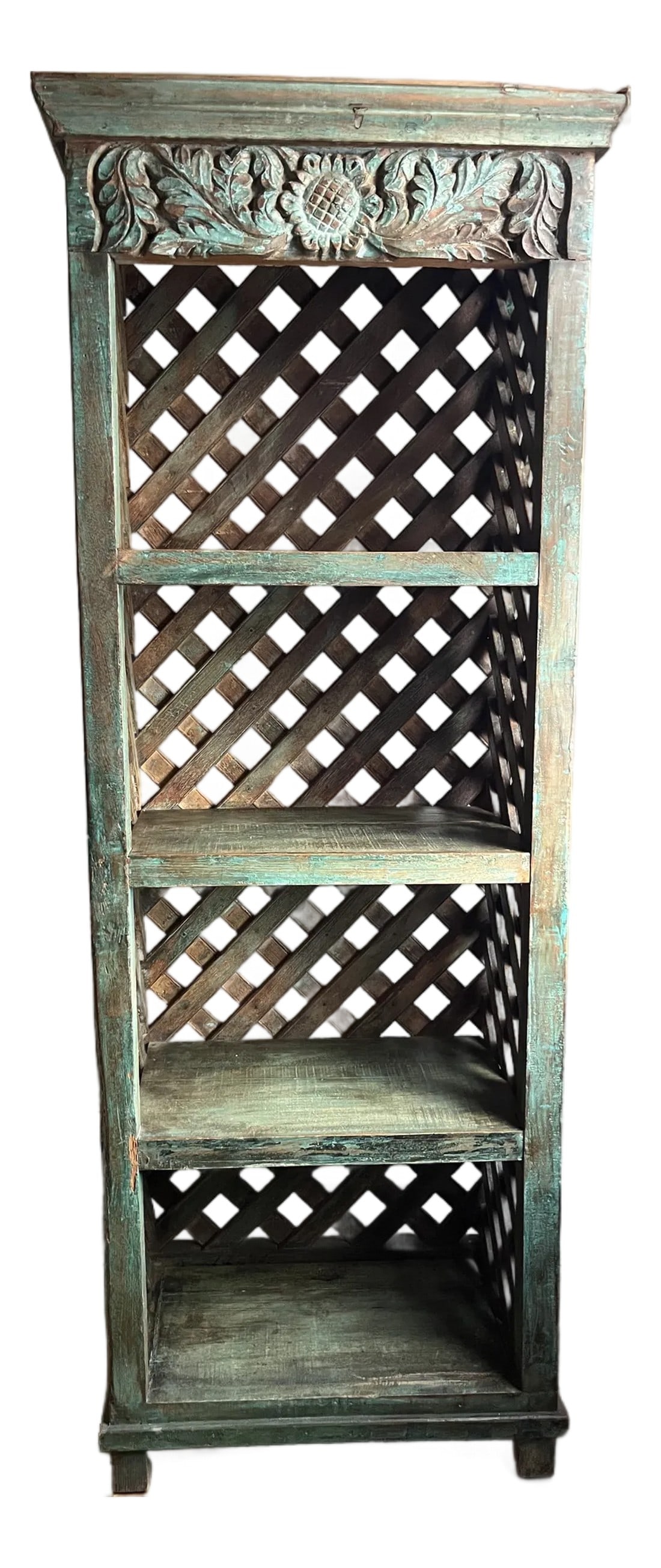 1950s Turquoise Indian Vintage Carved Shelf: Gorgeous color and carving. Indian painted vintage teak..Versatile for books, display, multi use. Condition: Alterations: Original Condition Unaltered Imperfections: Some Imperfections Condition Notes