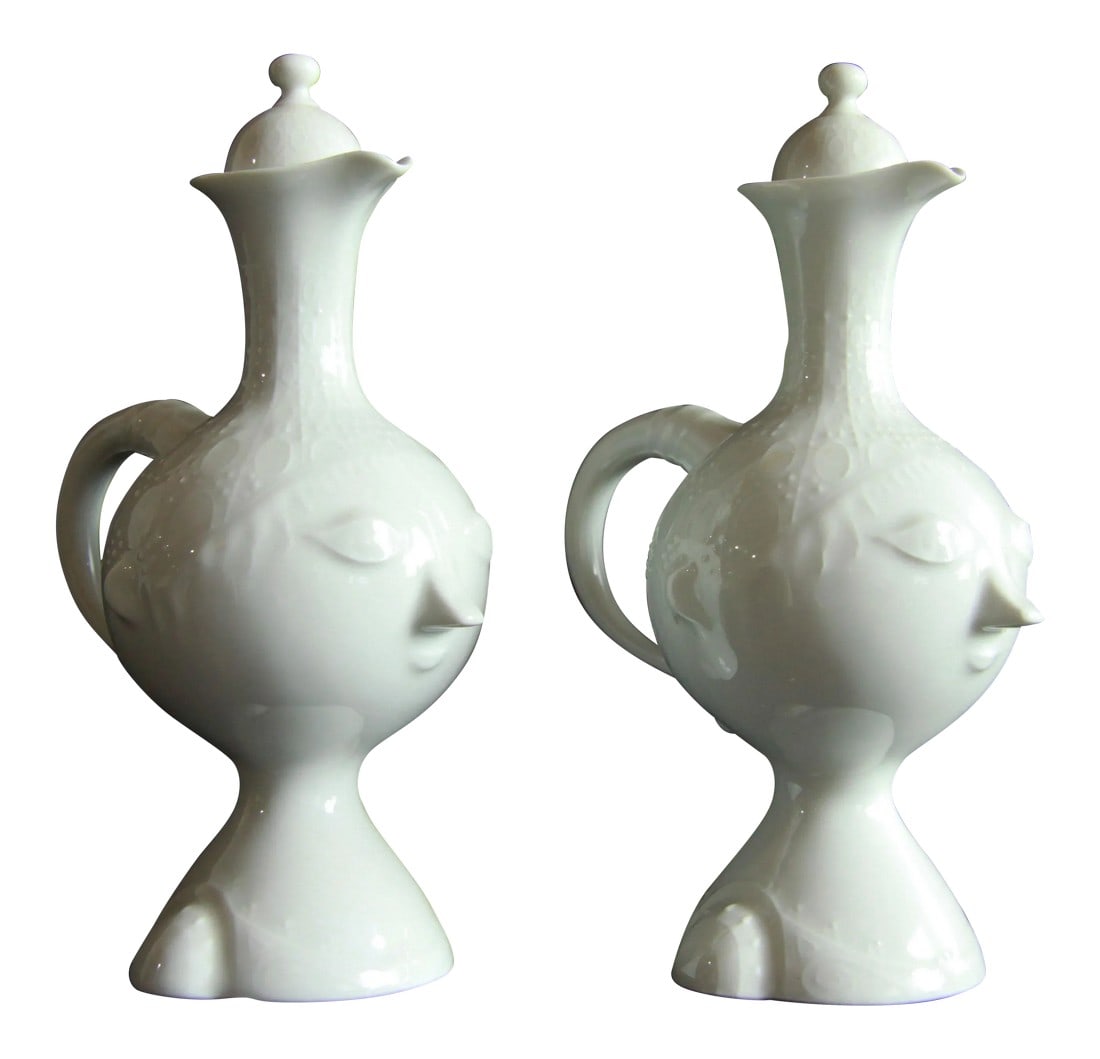 Bjorn Wiinblad for Rosenthal China Face Cruet Jars - a Pair: Absolutely stunning pair of vintage mid century modern cruets, syrup jars or even for small amounts of a cordial as small decanters. They are designed by the iconic Bjorn Wiinblad for Rosenthal