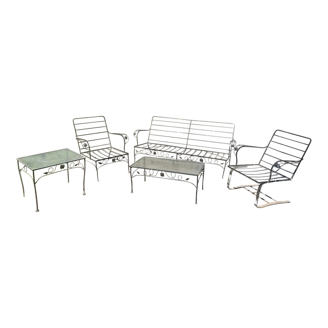 Hollywood Regency Wrought Iron Outdoor Furniture Set, 5 Pieces: This classic mid-century 5 piece set is still chic on the poolside, patio or sunroom year round. The grape leaf motif is in the style of the iconic designer Woodard. The set includes one loveseat