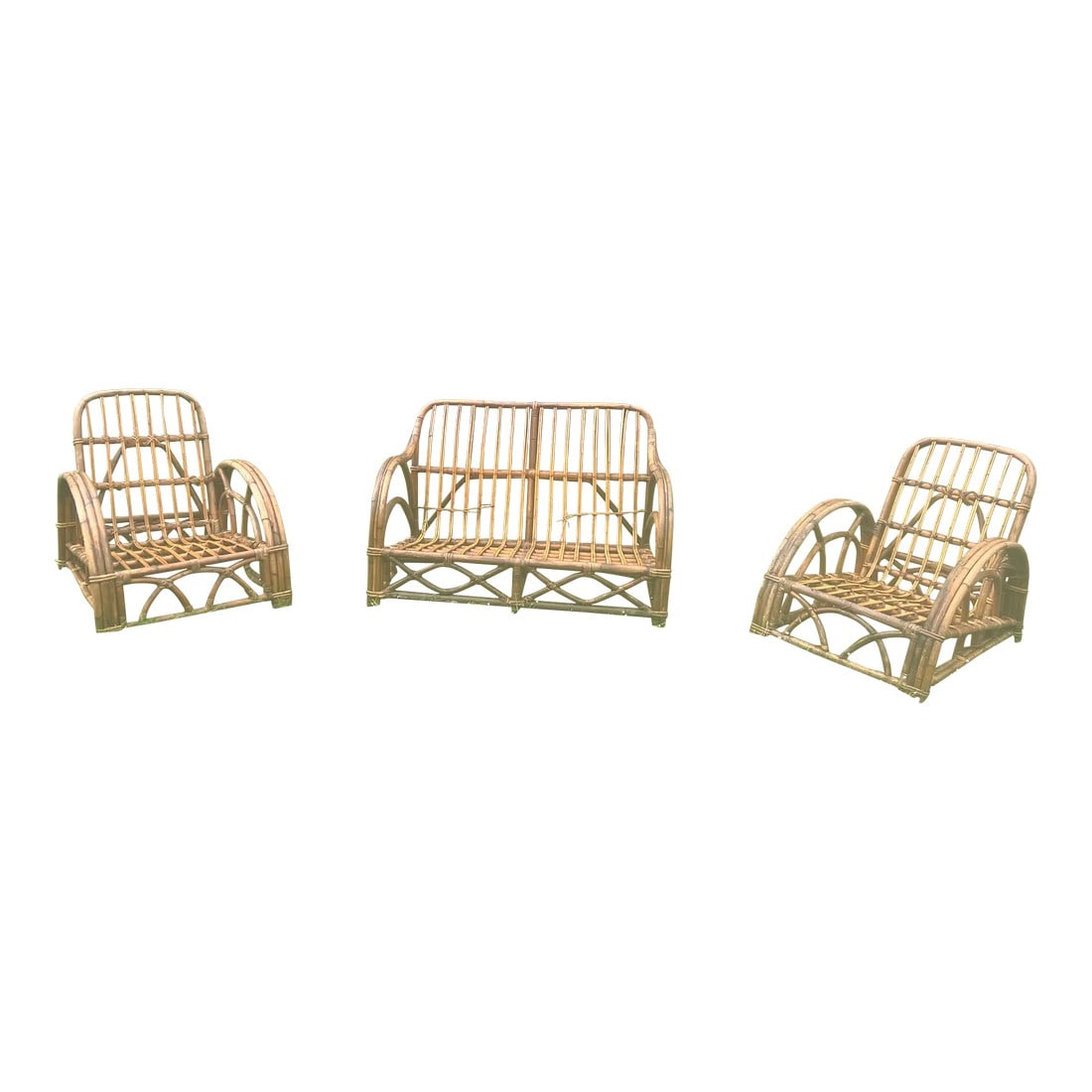 Paul Frankl Ritts Tropitan Style Rattan Outdoor/Indoor Conversation Set, 3 Pieces: These iconic half circle sturdy set of 2 chairs and a loveseat bring a classy tropical vibe to any outside or inside seating areas. Designed In the style of Shirley Ritts furniture and Paul Frankl str
