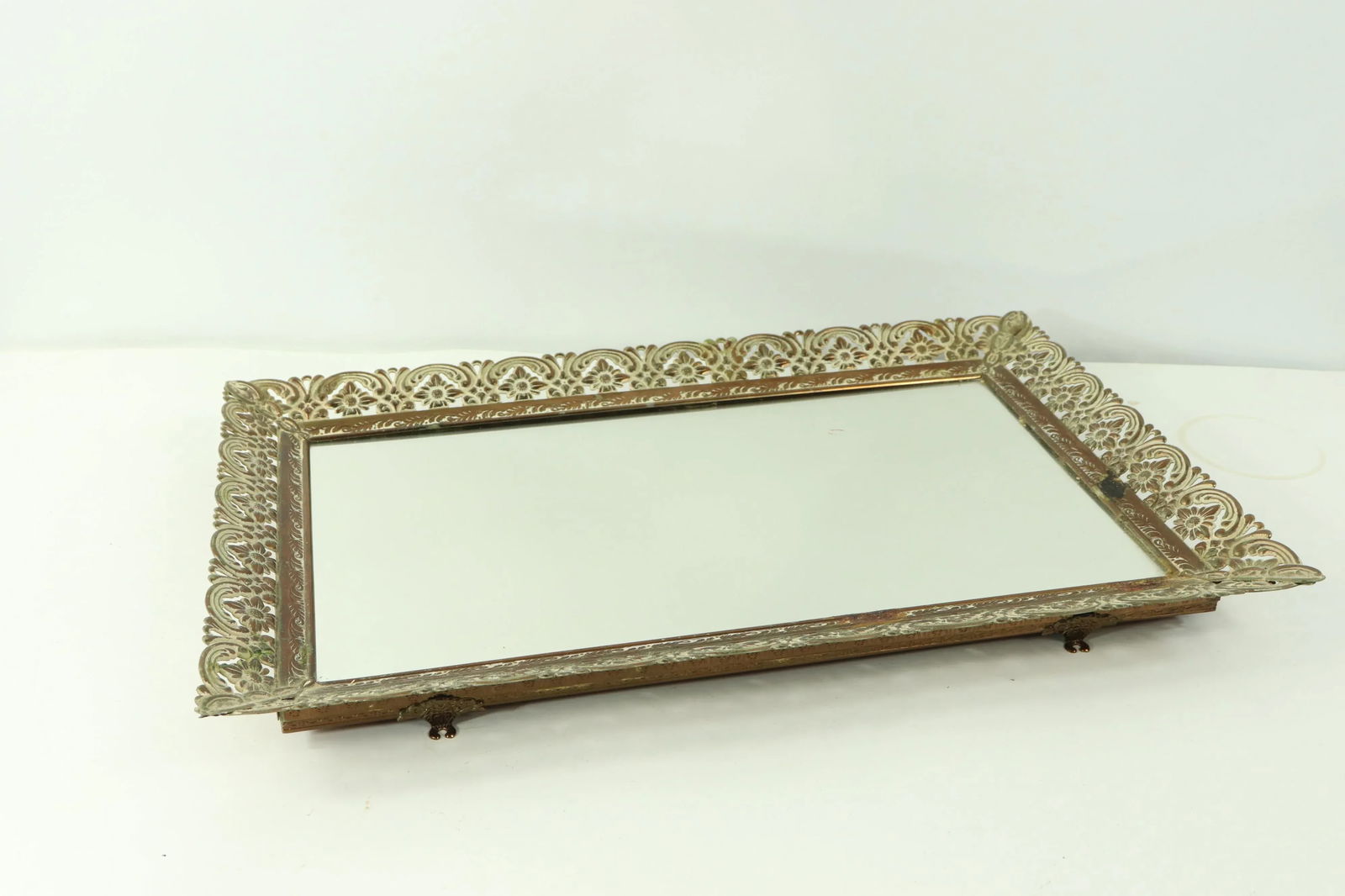 Vintage Hollywood Regency Floral Mirrored Vanity Perfume Tray - 2