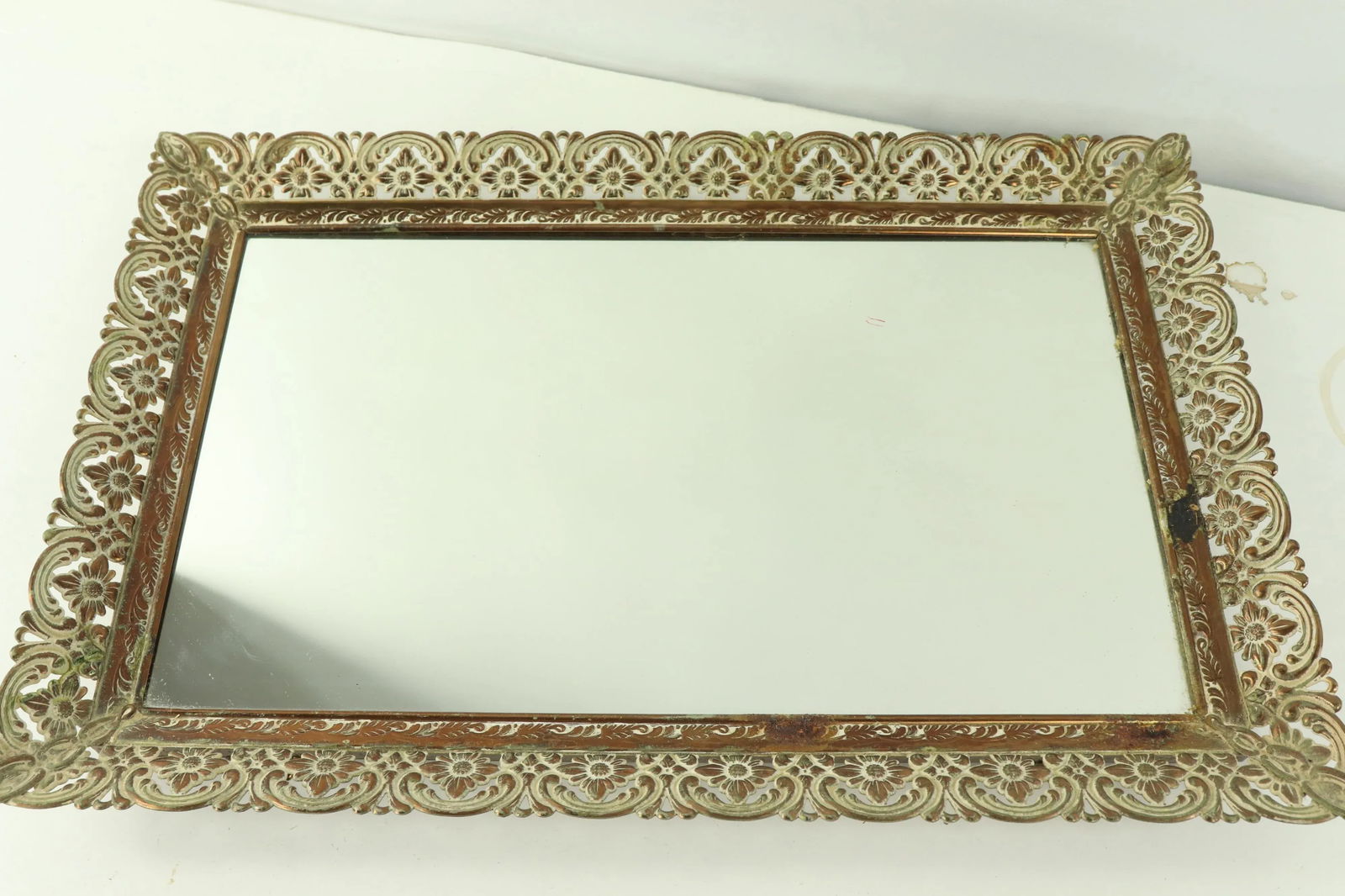 Vintage Hollywood Regency Floral Mirrored Vanity Perfume Tray - 3