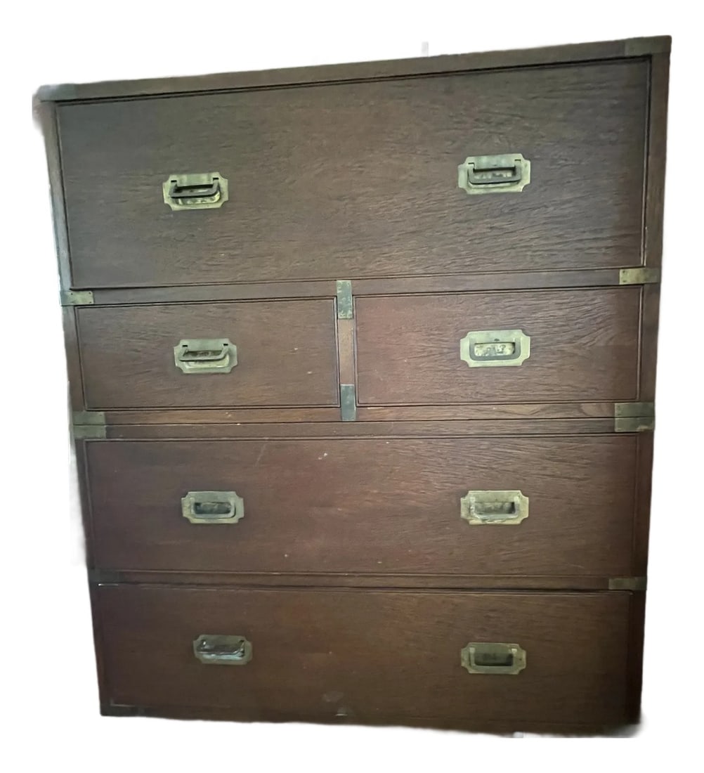 Classic Antique Walnut Campaign Chest/Secretariat Desk With Solid Brass Handles: This charming hardwood desk antique military campaign chest of drawers / secretaire desk with huge oversize brass handles is in the style of Charlotte Horstmann and crafted in Hong Kong. Campaign