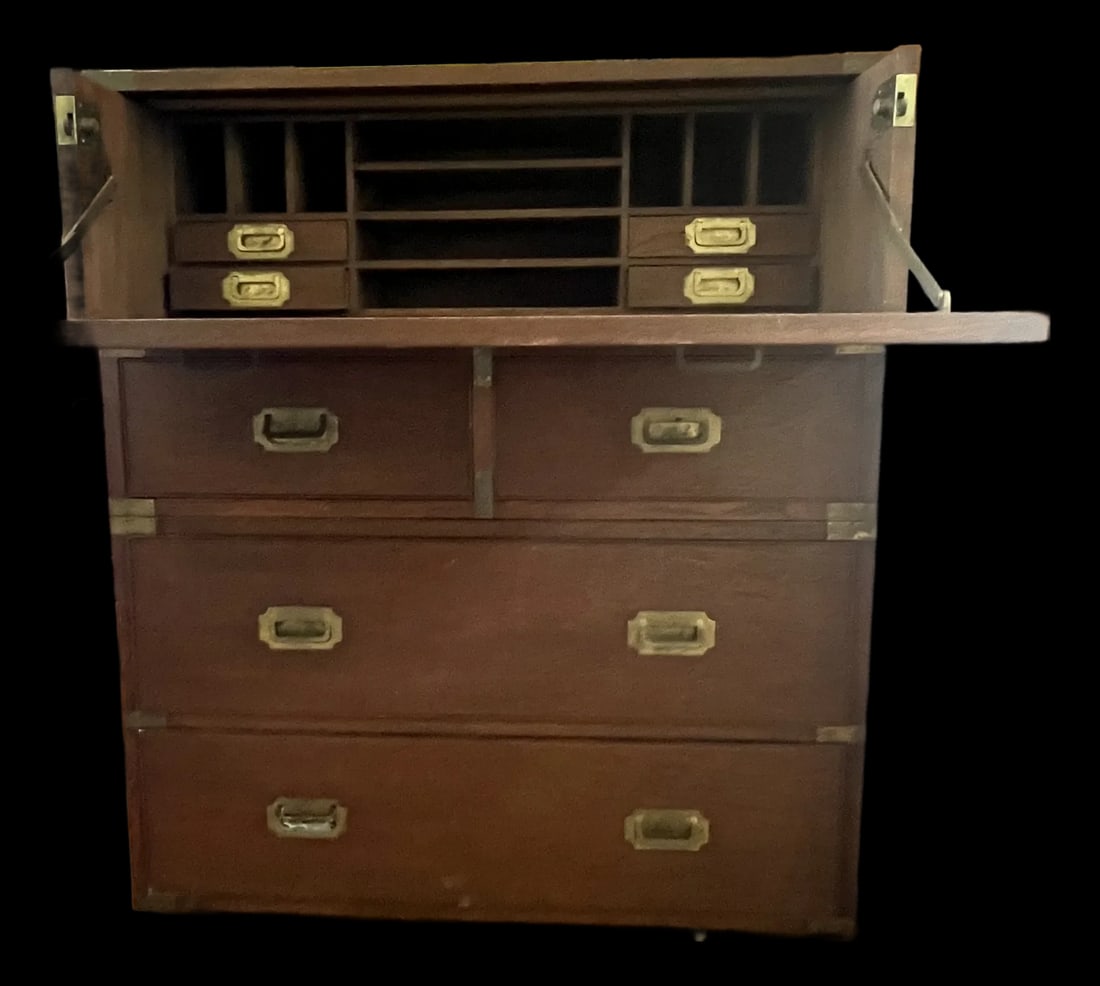 Classic Antique Walnut Campaign Chest/Secretariat Desk With Solid Brass Handles - 2