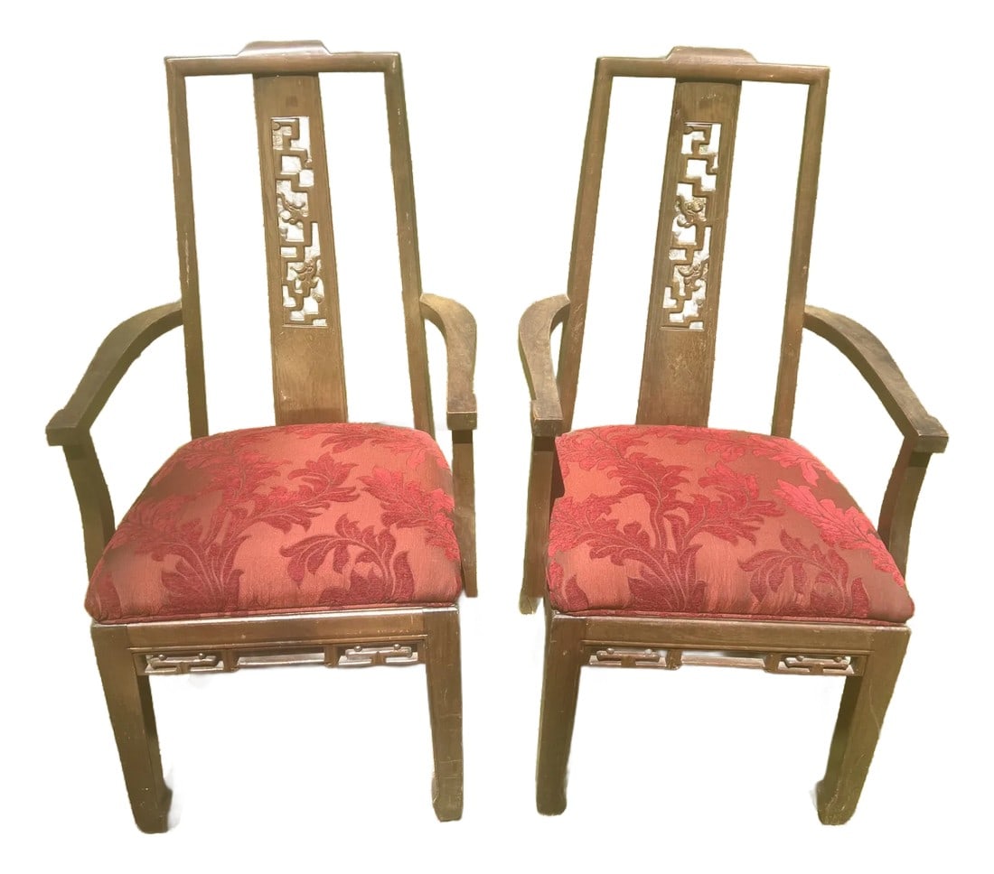 Modern Mahogany Ancient Dragon Motif Chinoiserie Armchairs - 2 Available: The chair's back panels features an ancient dragon motif, meticulously hand carved into the rich solid wood Mahogany. Symbolizing power, strength, and good fortune in Chinese culture, the dragon motif