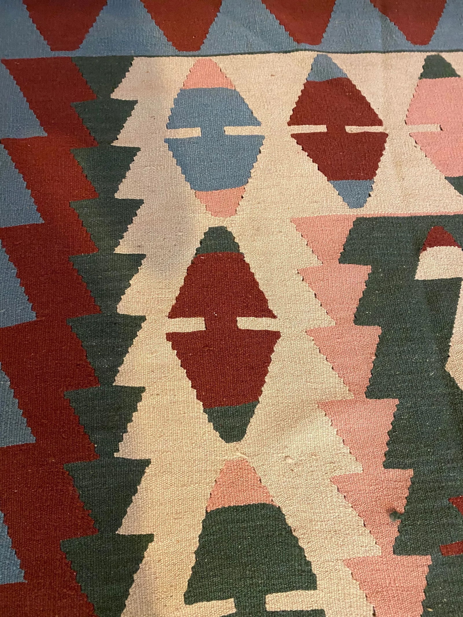 Vintage Handwoven Wool Flat Weave Fringed Turkish Rug - 2