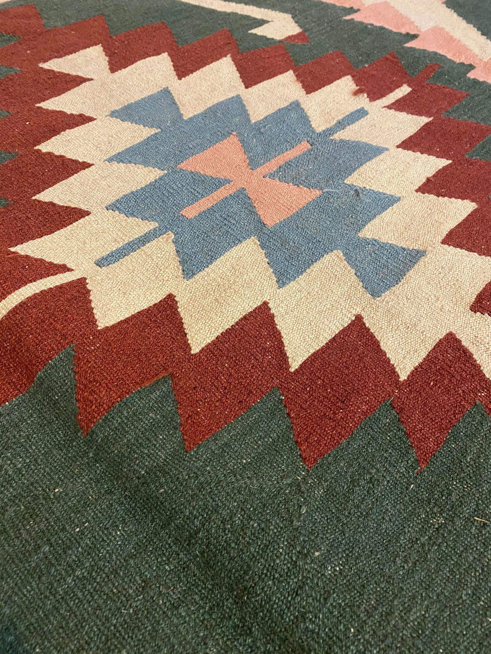 Vintage Handwoven Wool Flat Weave Fringed Turkish Rug - 3