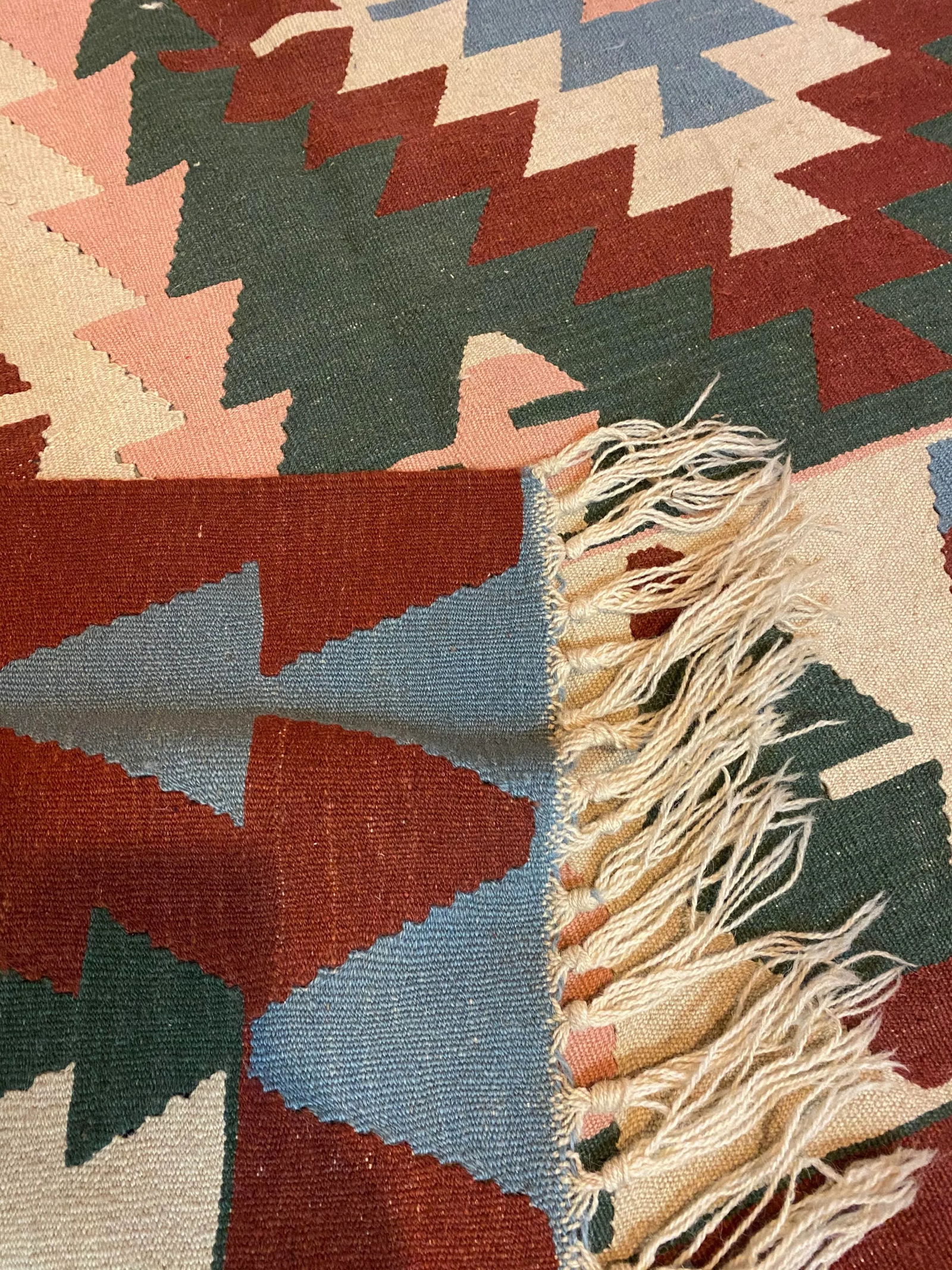 Vintage Handwoven Wool Flat Weave Fringed Turkish Rug - 4