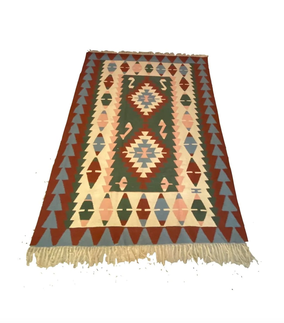 Vintage Handwoven Wool Flat Weave Fringed Turkish Rug - 6