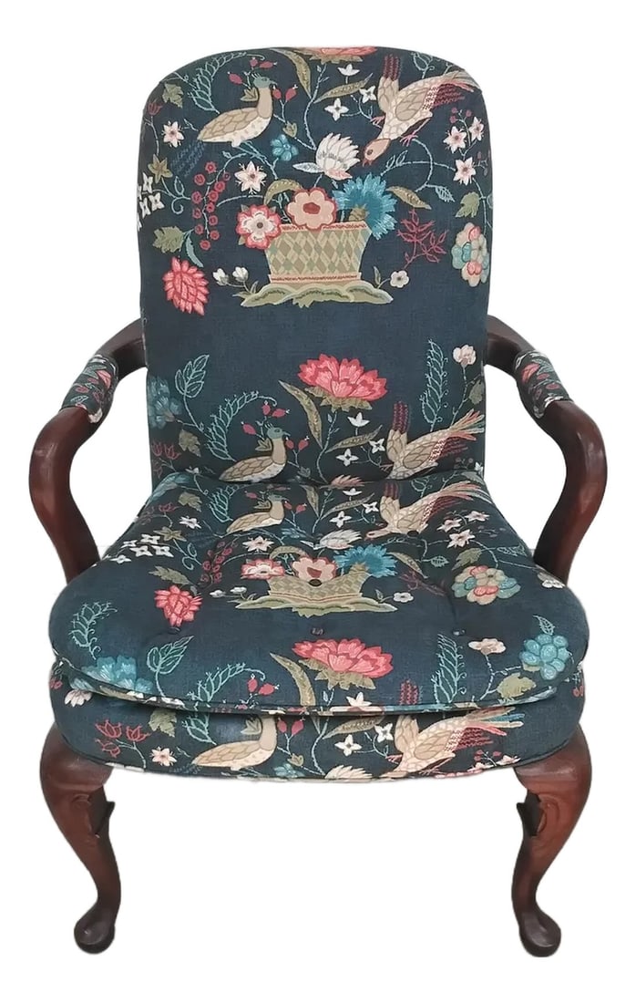 1990s Folk Art Accent Chair: We have a cross between chinoiserie and folk art. It could go with either style. Not to mention the traditional Queen Anne. Love the color combination, navy, blues, greens, corals and cream. Don't
