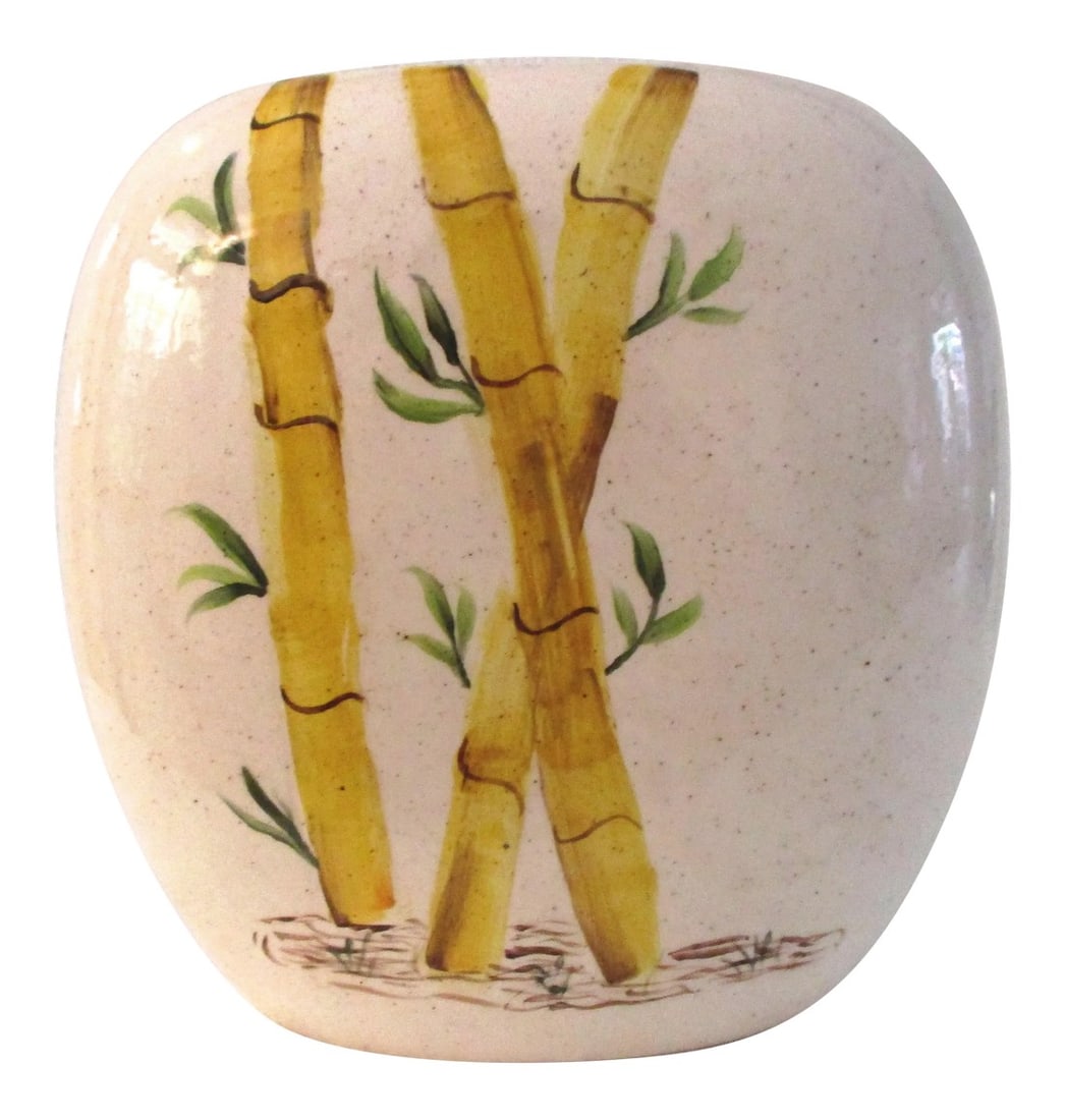Mid-Century Hand-Painted Bamboo Design Vase: Lovely mid-century ceramic light beige vase featuring a hand-painted bamboo design on face. Excellent condition. Condition: Alterations: Original Condition Unaltered Imperfections: Some
