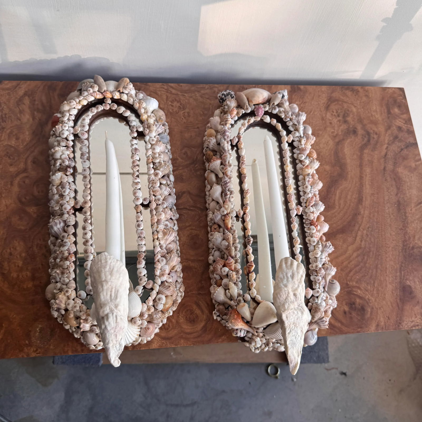 Handcrafted Mirrored and Shell Encrusted Wall Sconces- A Pair - 6