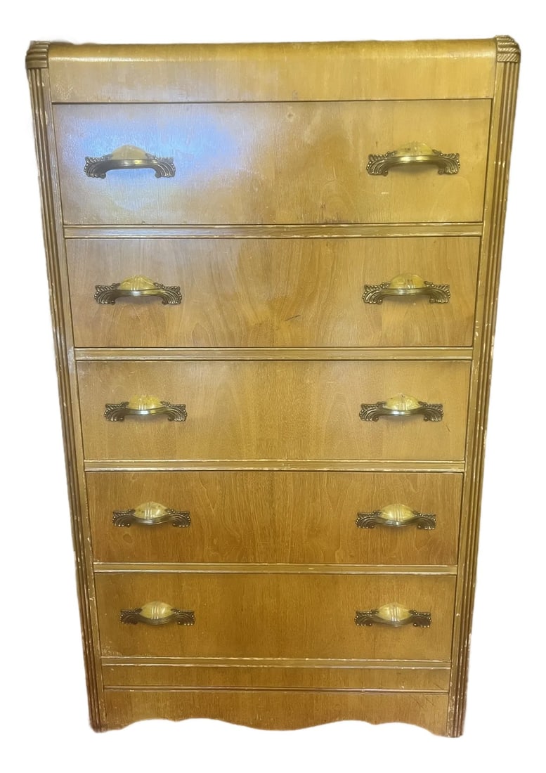 Vintage Art Deco Waterfall Highboy Dresser With Bakelite Handles: Art Deco waterfall chest of 6 roomy drawers with bakelite handles. Made from Maple with a matchbook "v" grain veneer along the front. The drawers are accented by brass and ivory bakelite hardware.