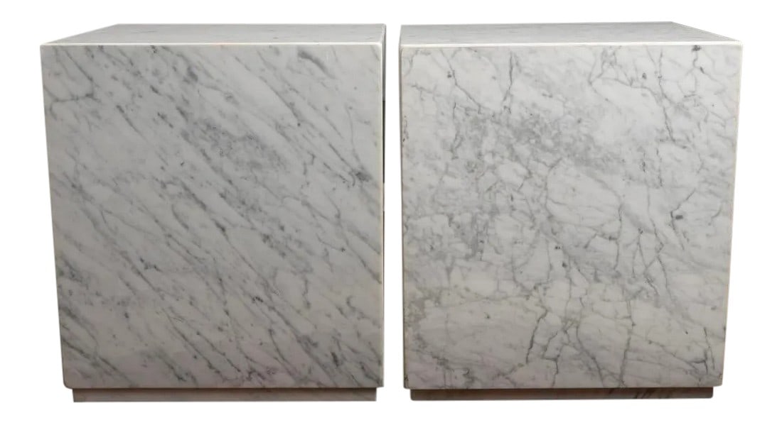 1960s Carrara Marble Cube Side End Tables - a Pair: Pair of exceptional and special c. 1960 custom architect designed, artisan made polished Italian Carrara marble cube side tables with rare integrated plinth base. Provenance: An original furnishing