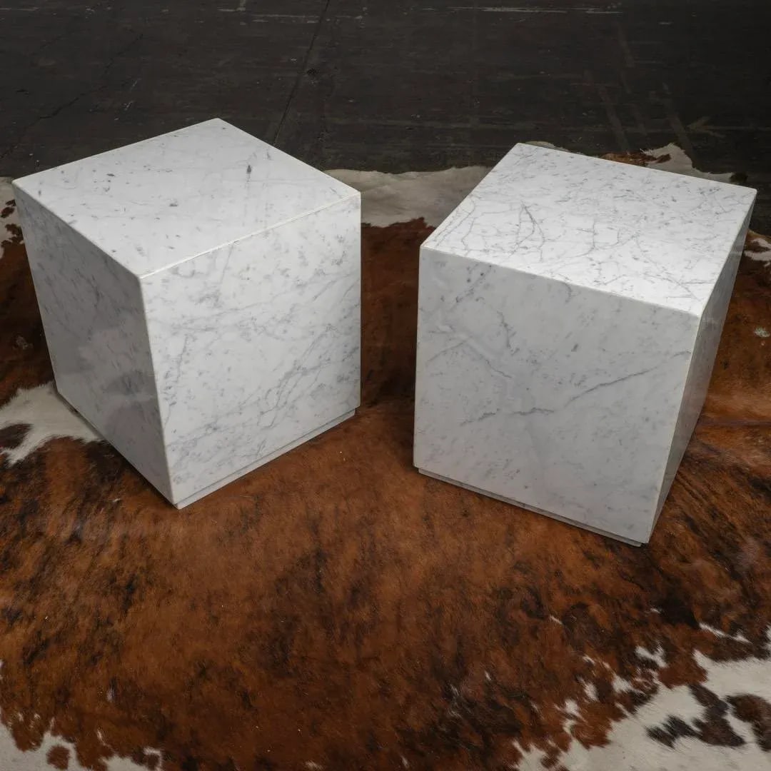 1960s Carrara Marble Cube Side End Tables - a Pair - 4