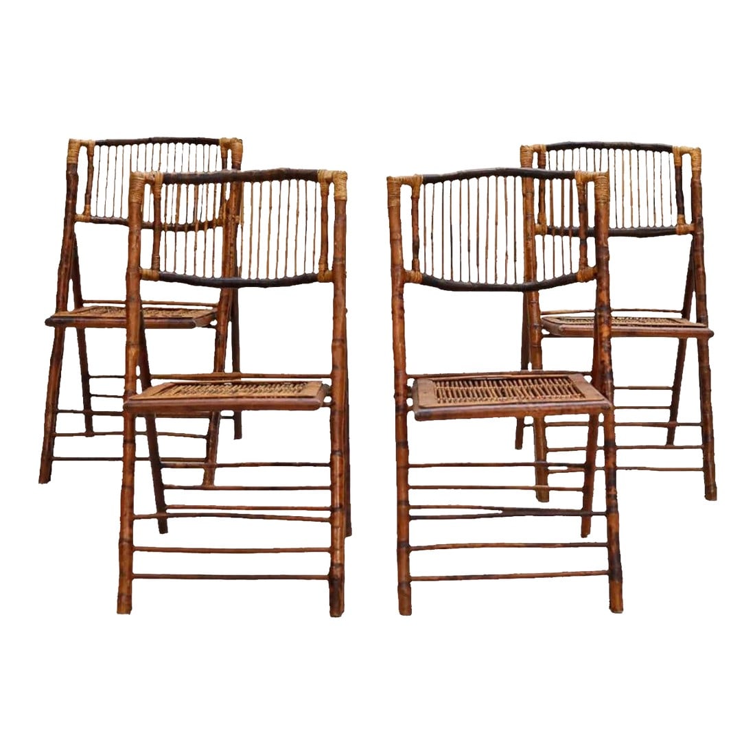 1990s Rattan Folding Chairs Set of 4 Vintage Burnt Bamboo Finish Dining Side Chairs: Rattan Folding Side Chairs Set of 4 Vintage Burnt Bamboo Finish Dining Chairs Boho Chic Chairs are a blend of rustic charm meets modern practicality Foldable design allows for easy storage when